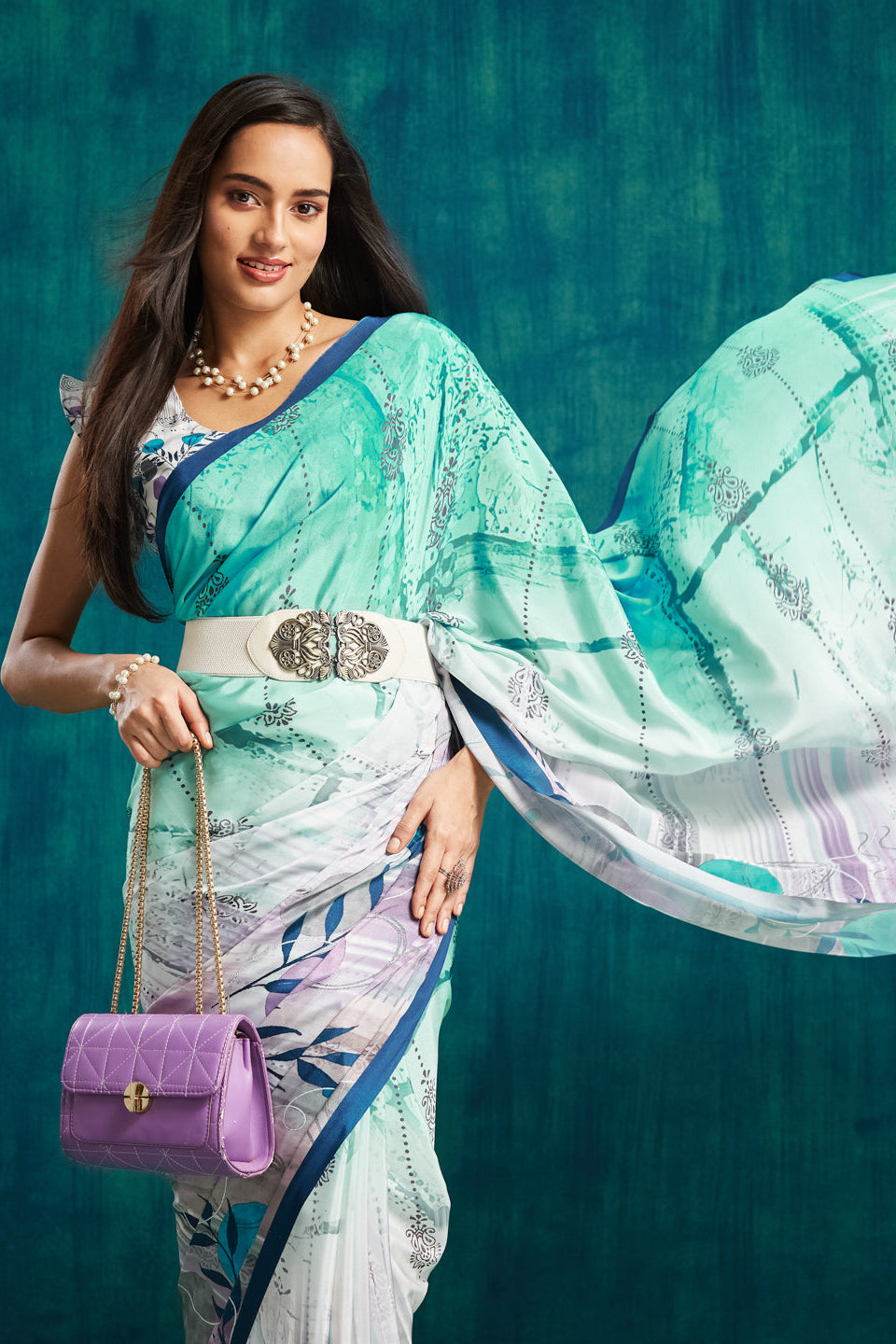 Digital Batik Printed Purple Silk Crepe Saree