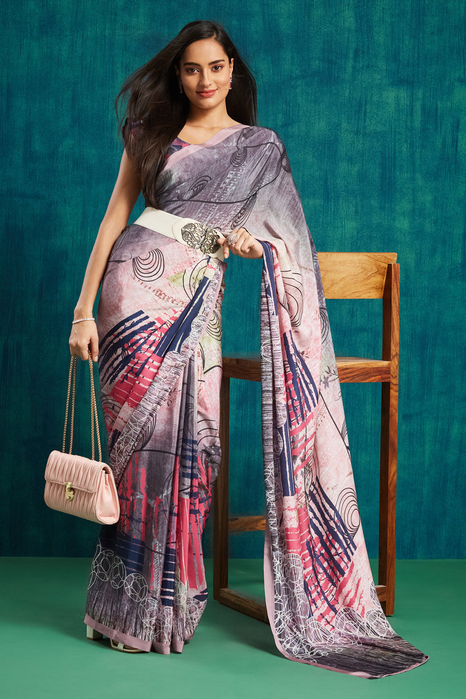 Digital Geometric Printed Peach Silk Crepe Saree