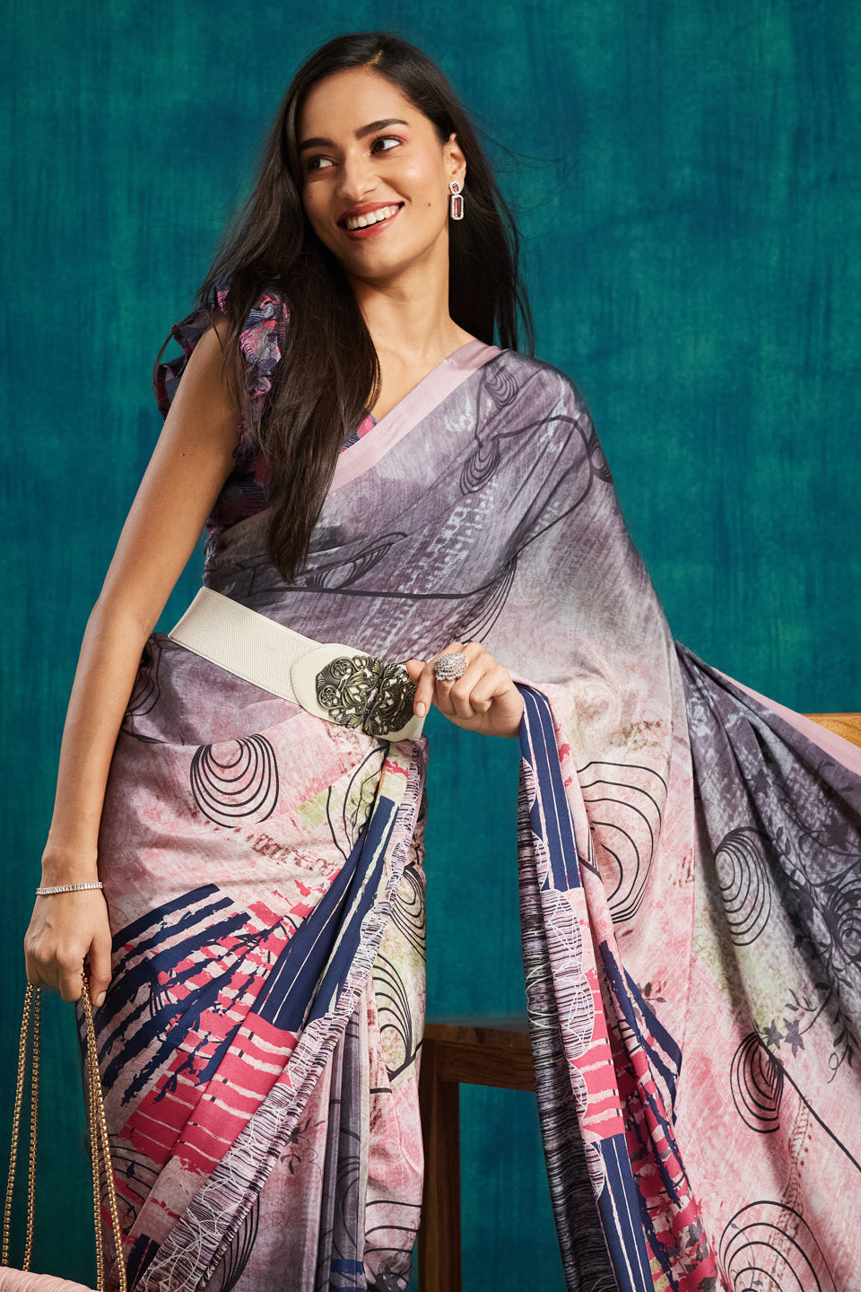Digital Geometric Printed Peach Silk Crepe Saree