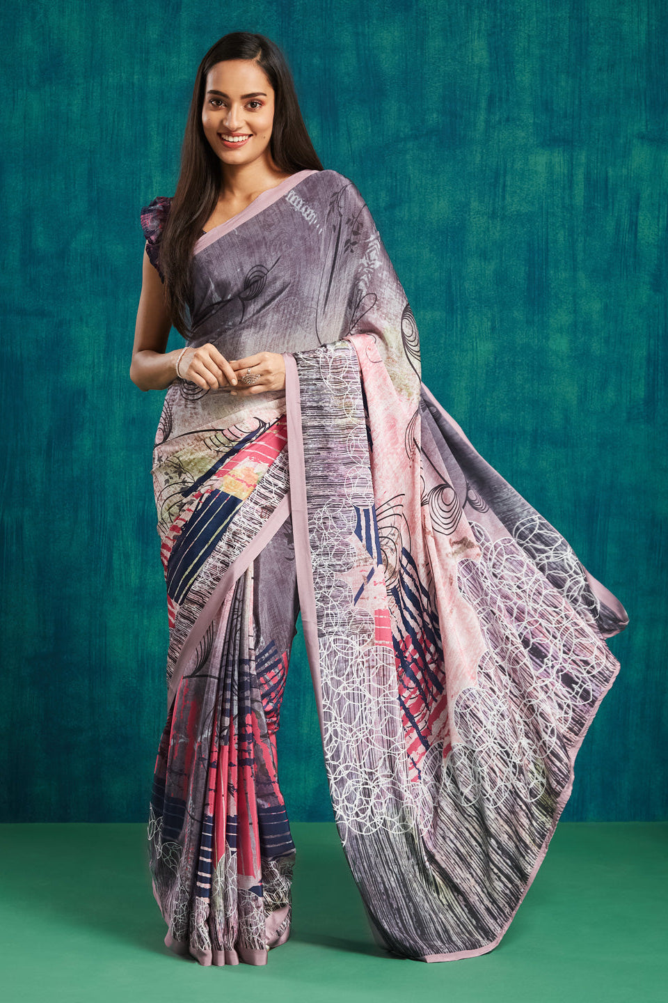 Digital Geometric Printed Peach Silk Crepe Saree