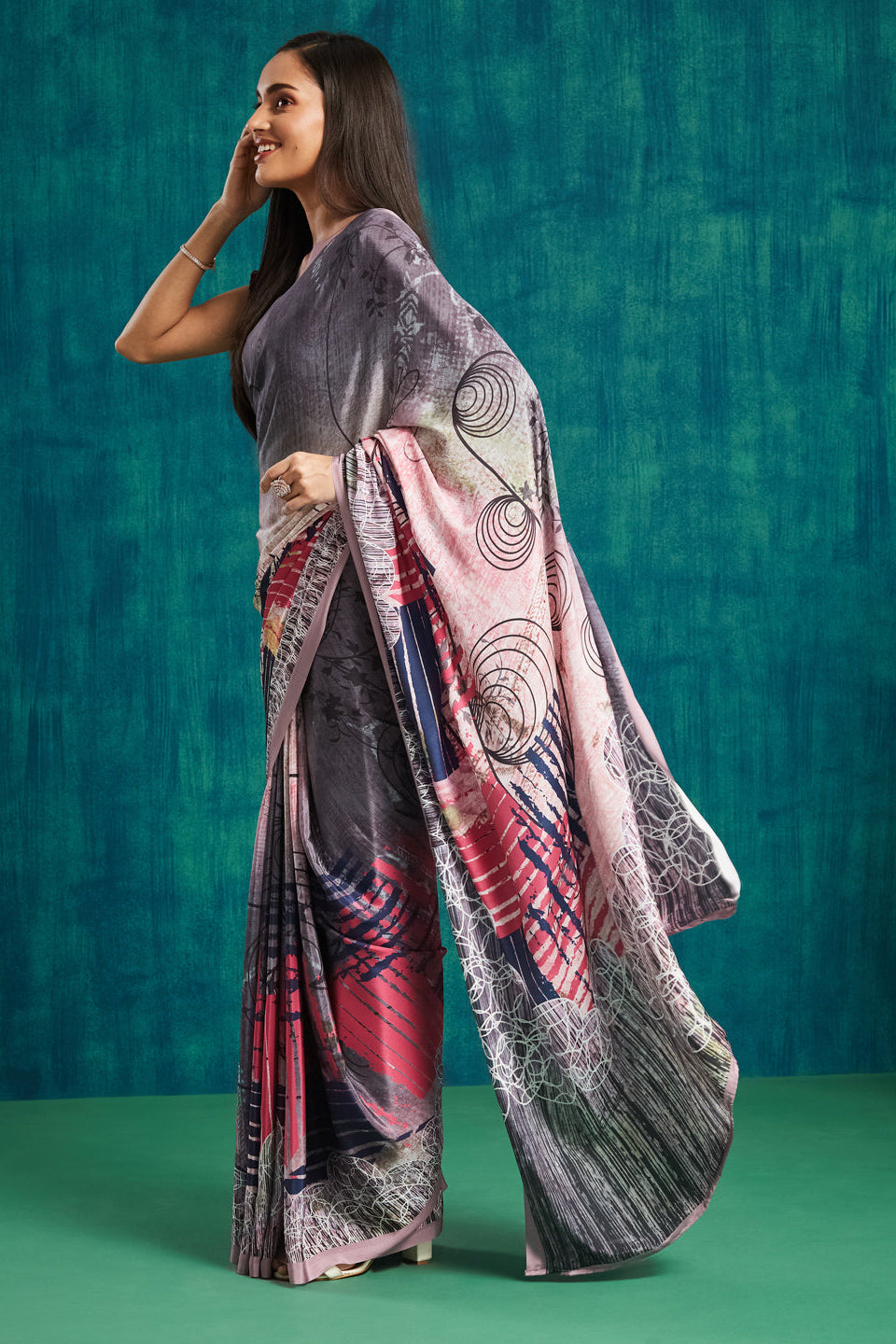 Digital Geometric Printed Peach Silk Crepe Saree