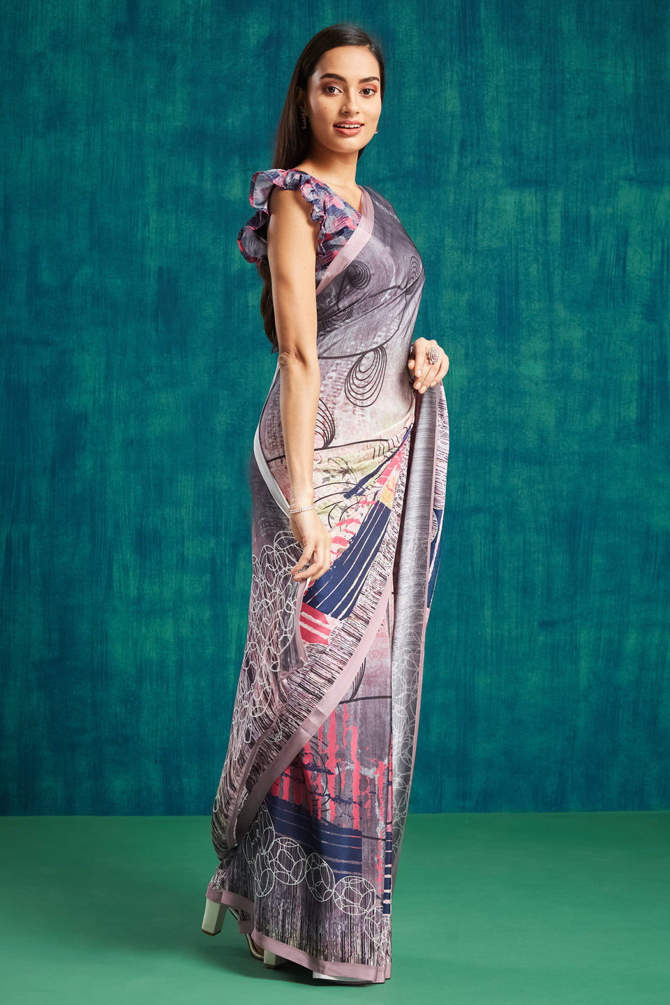 Digital Geometric Printed Peach Silk Crepe Saree
