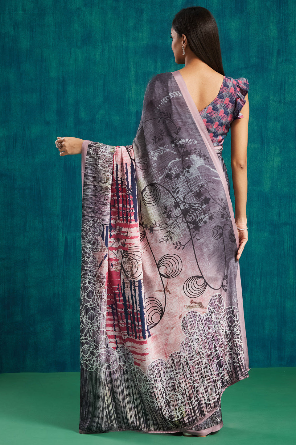 Digital Geometric Printed Peach Silk Crepe Saree