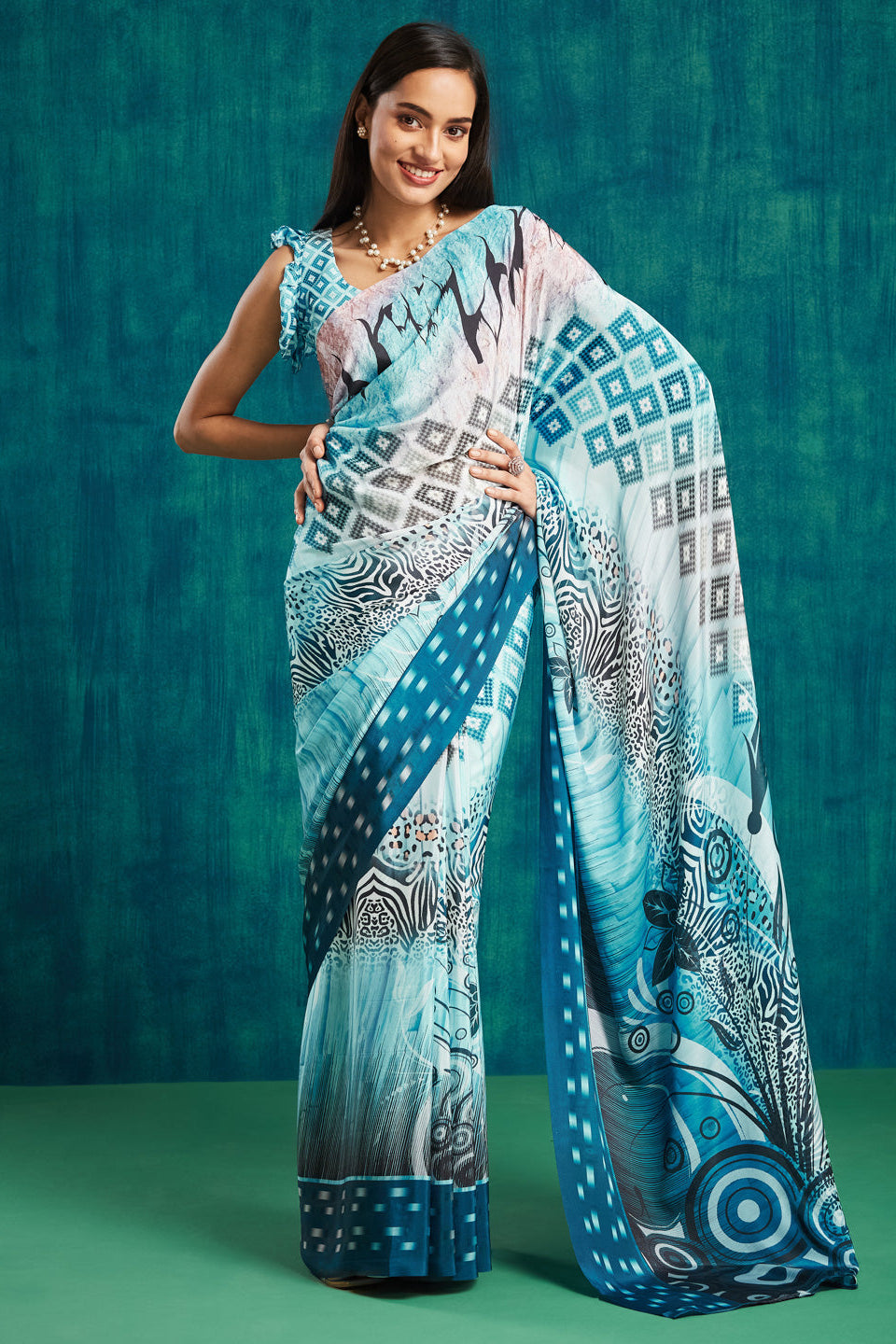Digital Checked Printed Blue Silk Crepe Saree