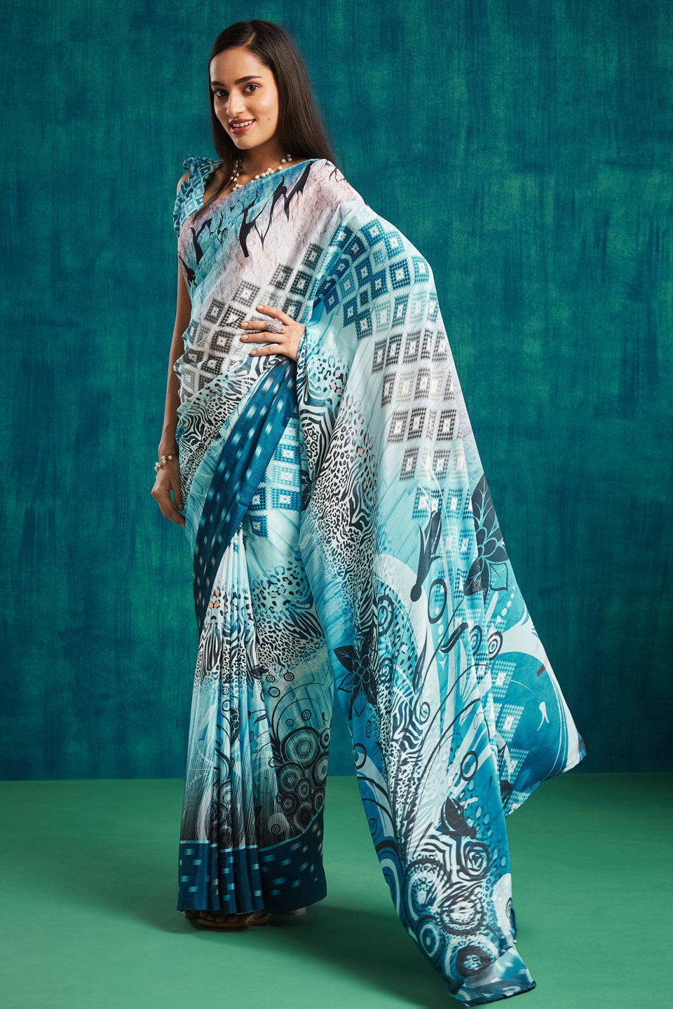 Digital Checked Printed Blue Silk Crepe Saree