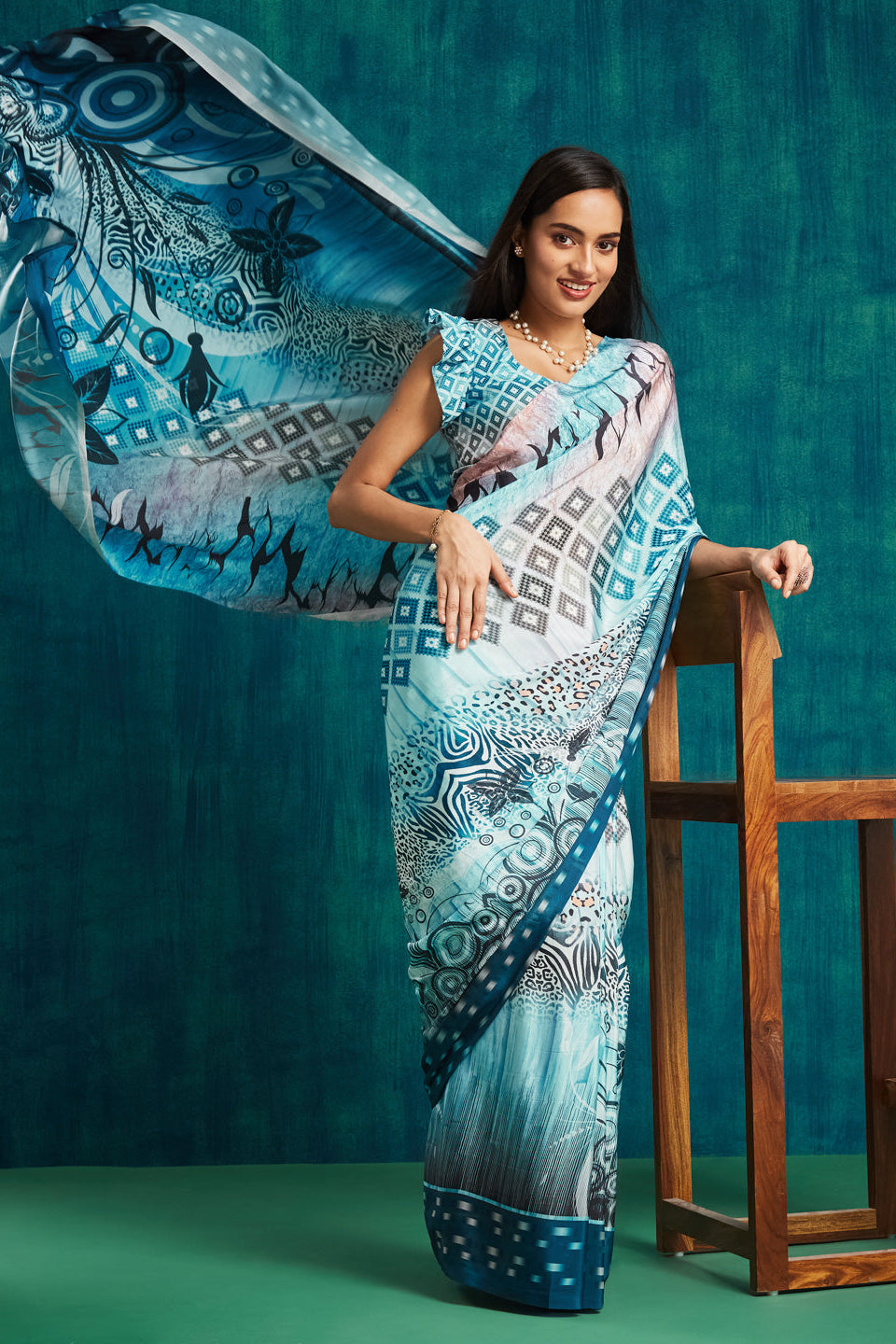 Digital Checked Printed Blue Silk Crepe Saree