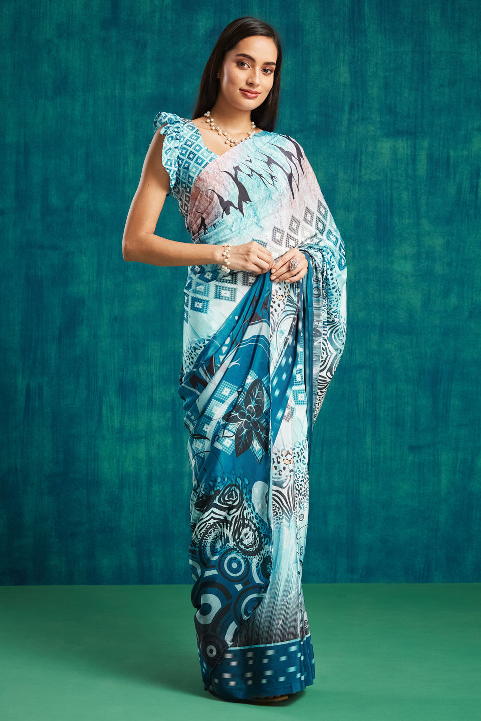 Digital Checked Printed Blue Silk Crepe Saree