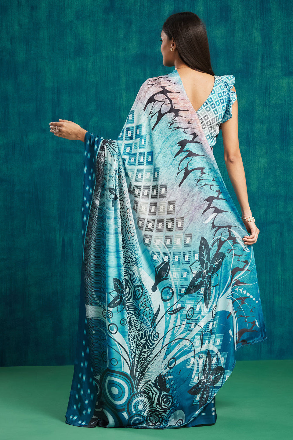 Digital Checked Printed Blue Silk Crepe Saree