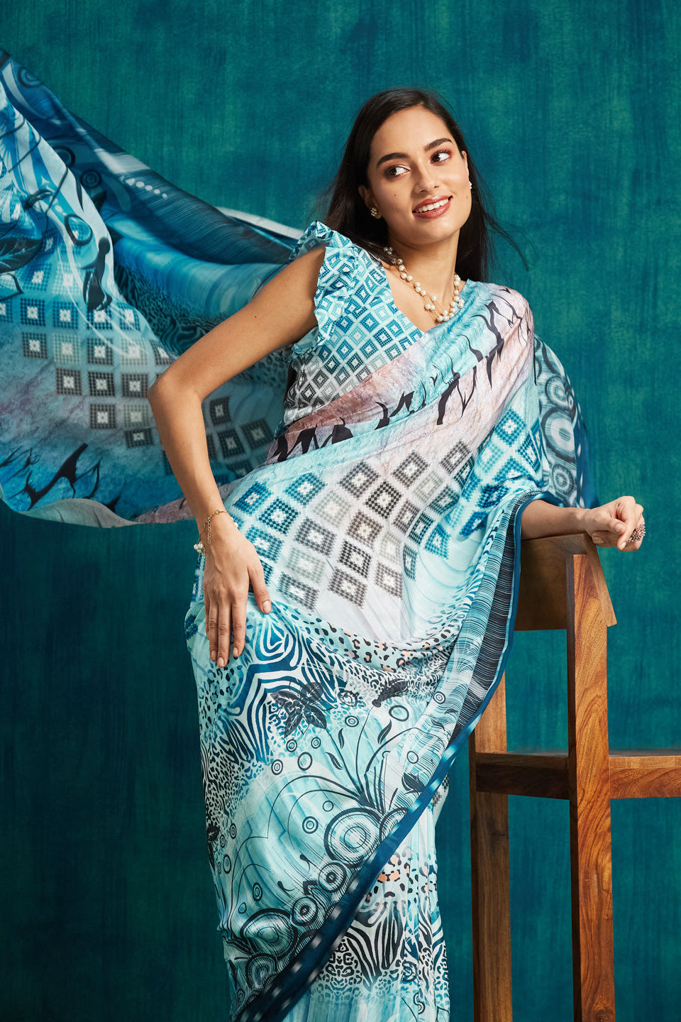Digital Checked Printed Blue Silk Crepe Saree
