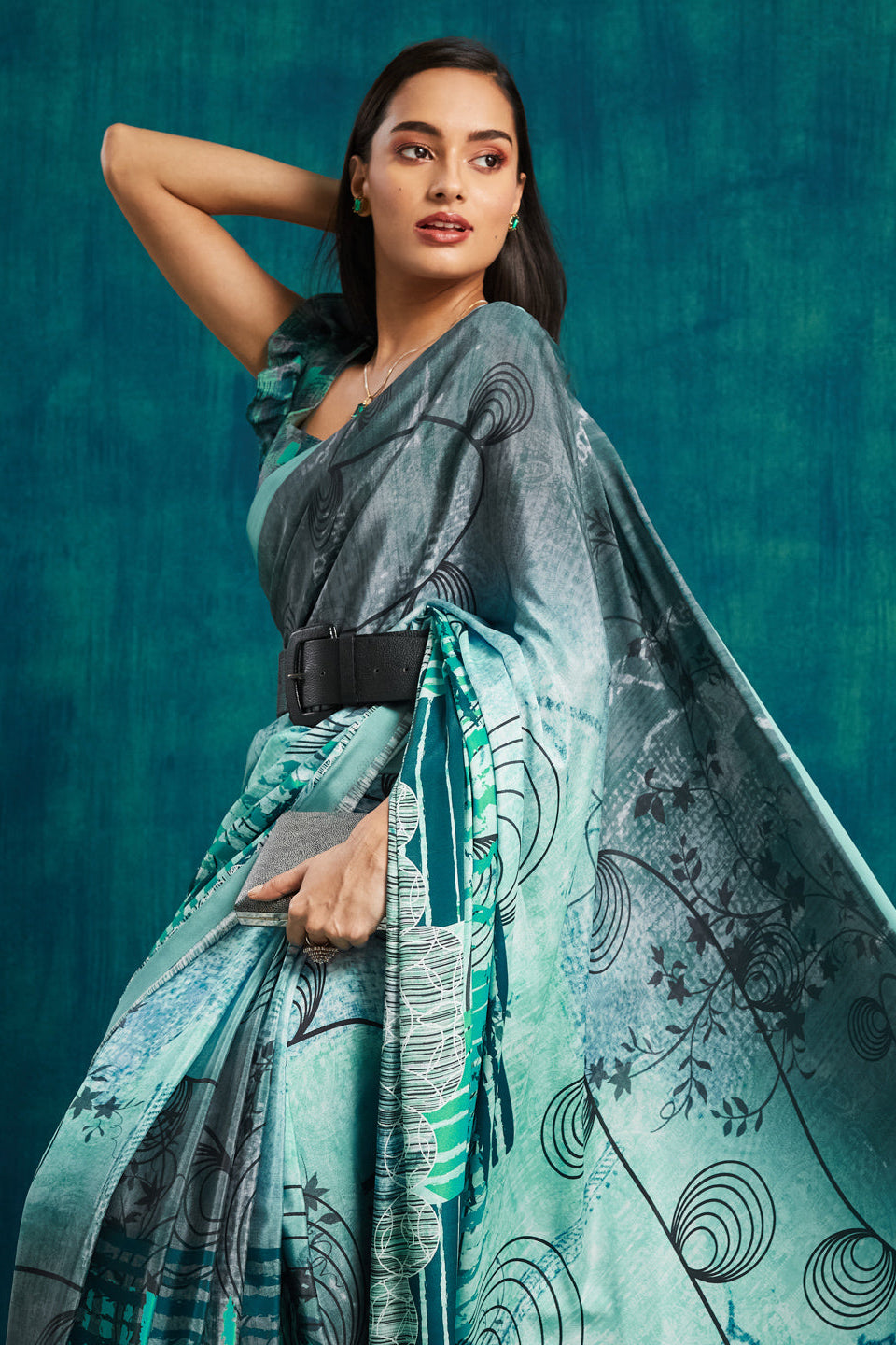 Digital Geometric Printed Green Silk Crepe Saree