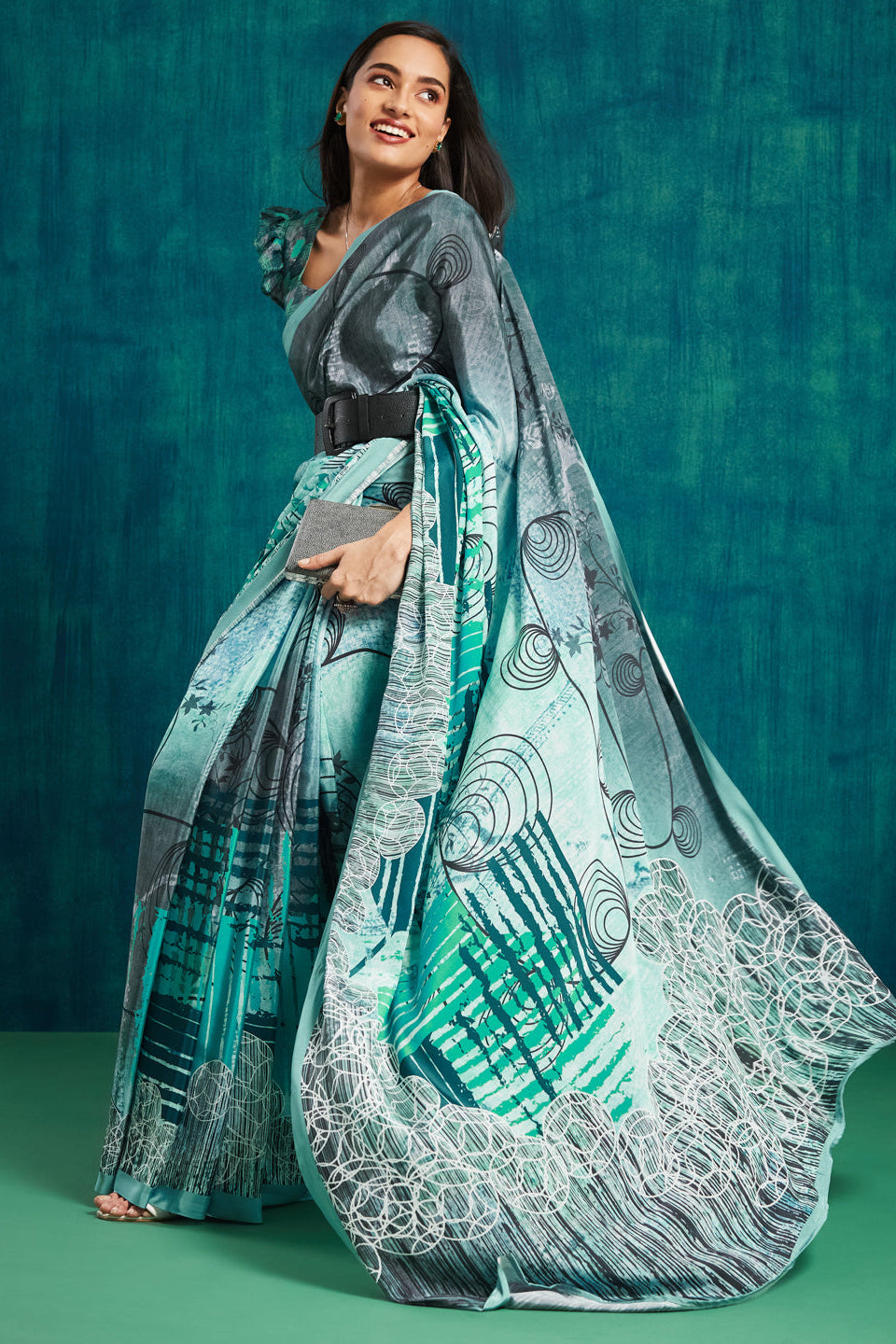 Digital Geometric Printed Green Silk Crepe Saree