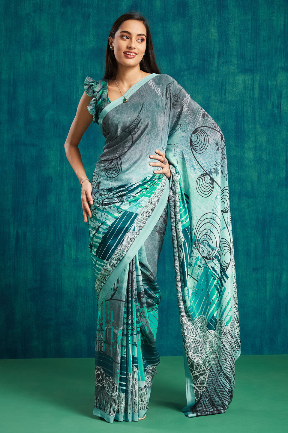 Digital Geometric Printed Green Silk Crepe Saree