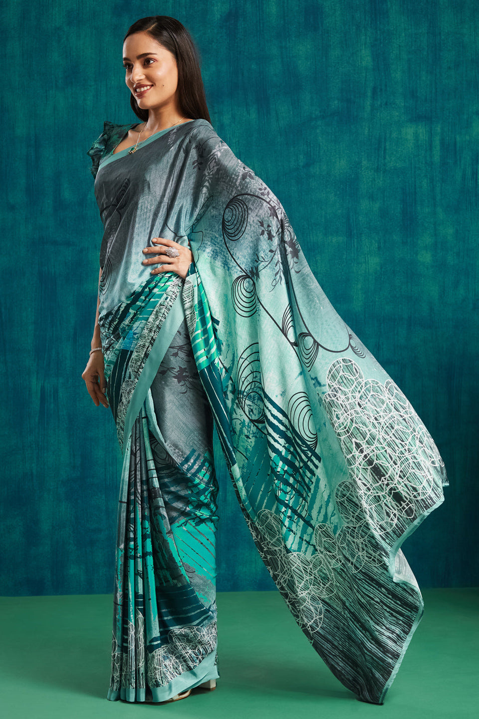Digital Geometric Printed Green Silk Crepe Saree
