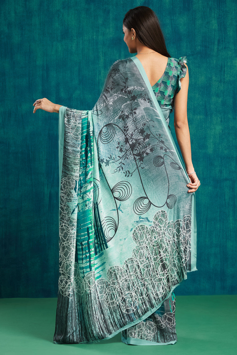 Digital Geometric Printed Green Silk Crepe Saree