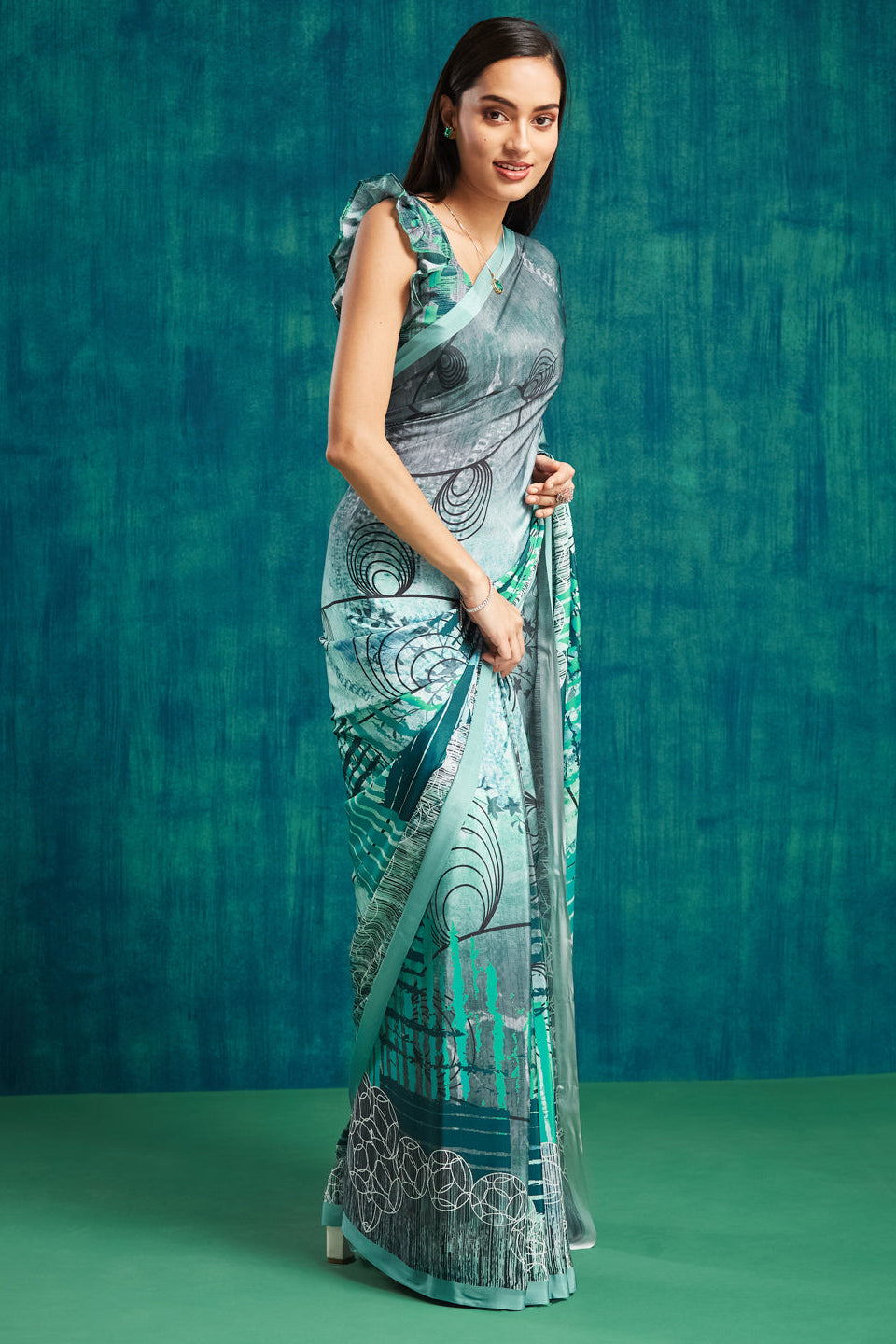 Digital Geometric Printed Green Silk Crepe Saree