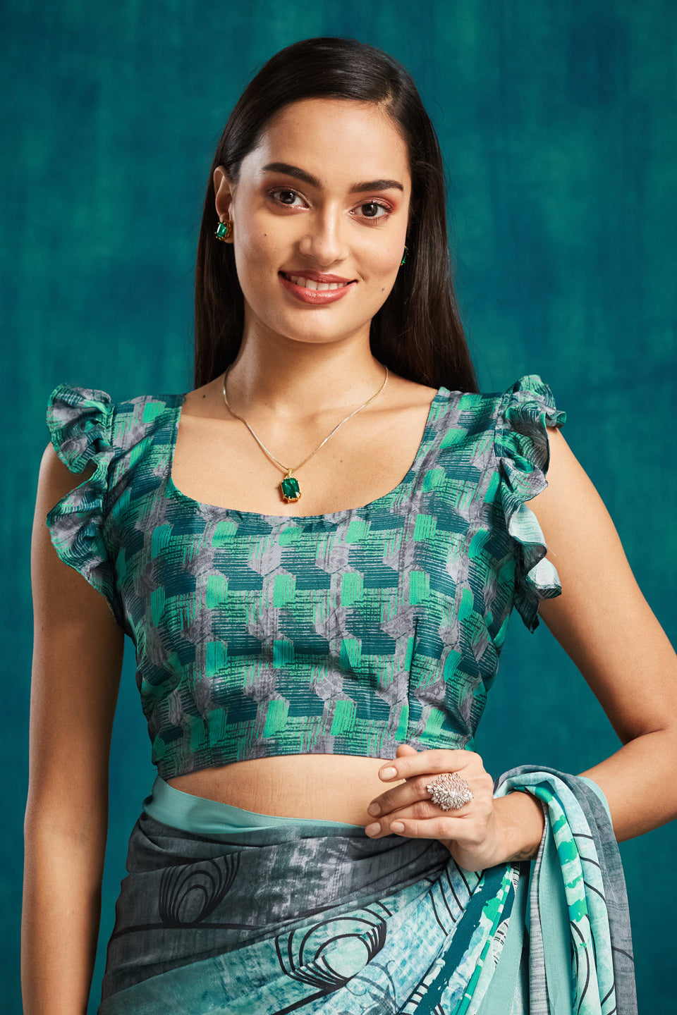 Digital Geometric Printed Green Silk Crepe Saree