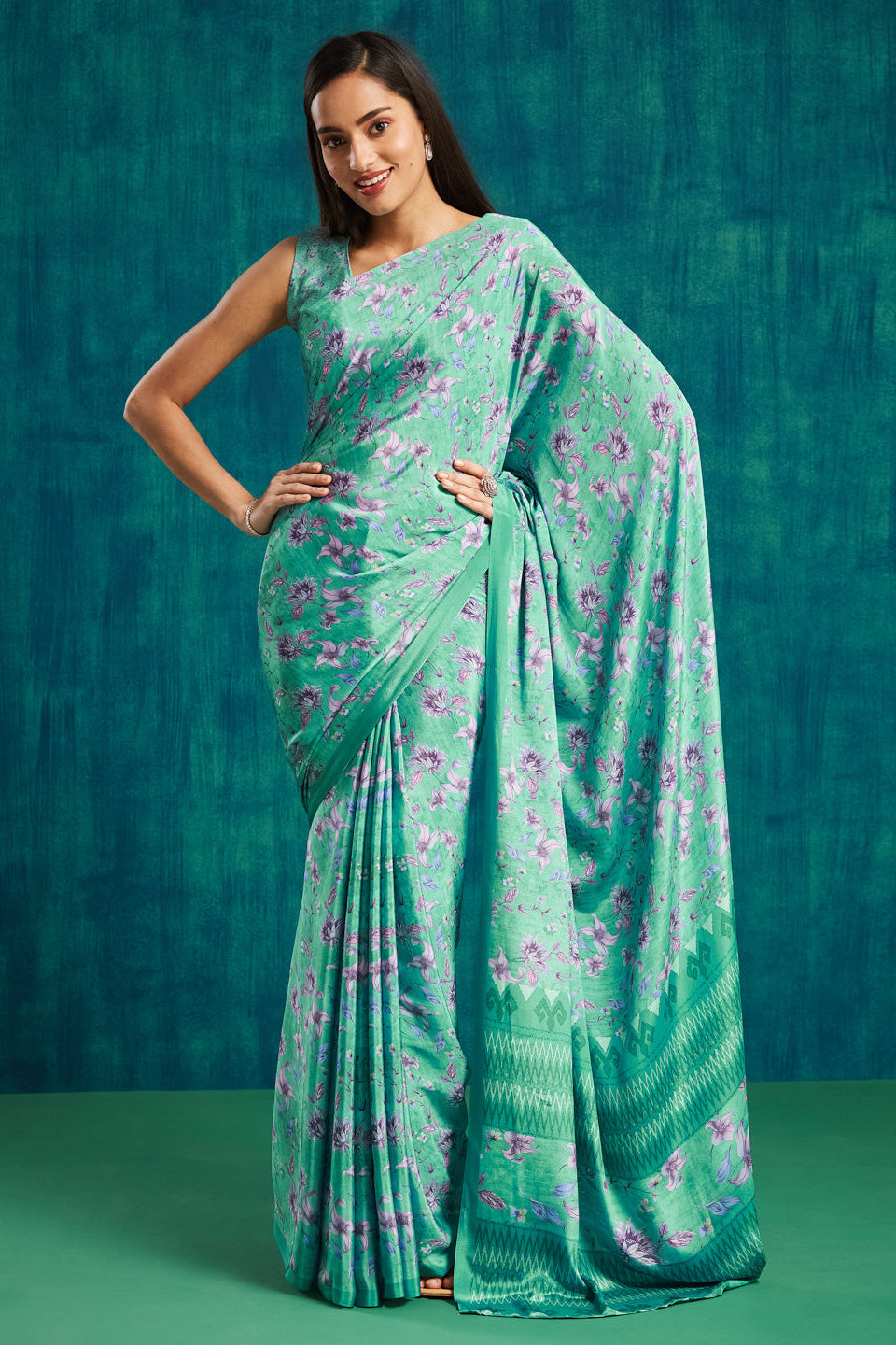 Digital Floral Printed Green Silk Crepe Saree