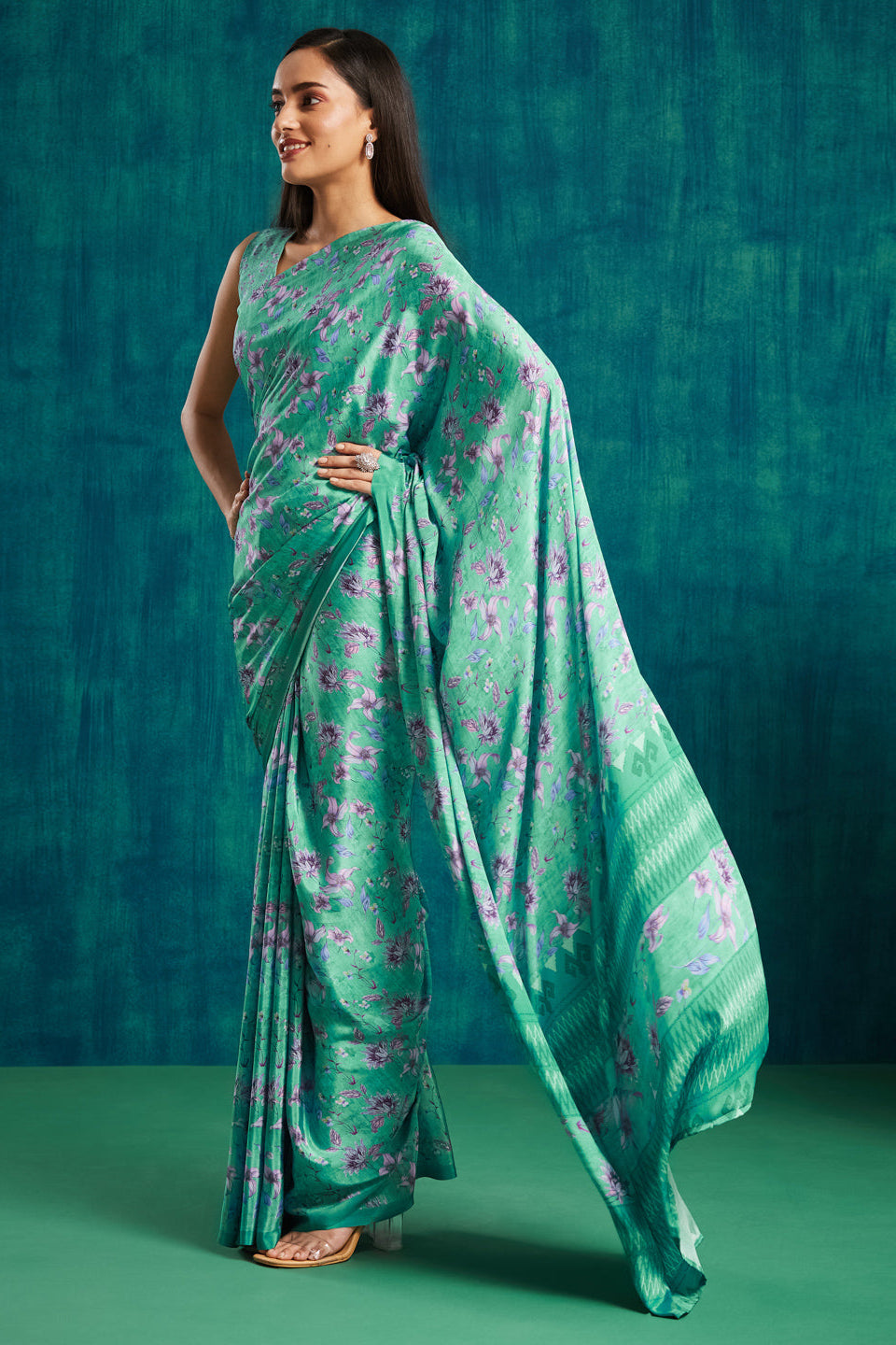 Digital Floral Printed Green Silk Crepe Saree