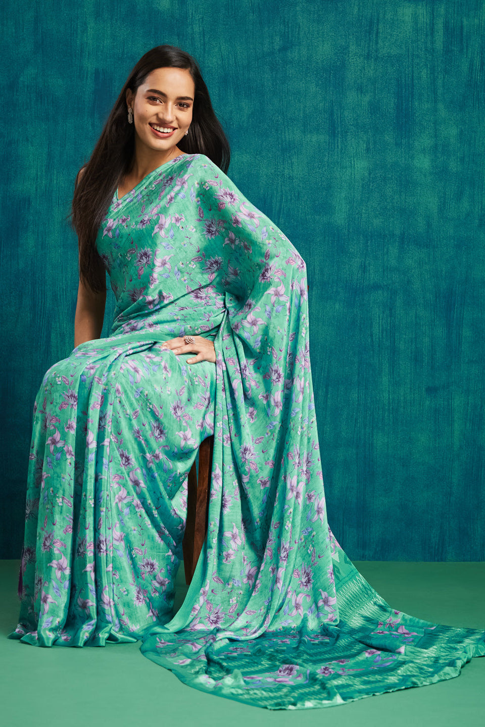 Digital Floral Printed Green Silk Crepe Saree