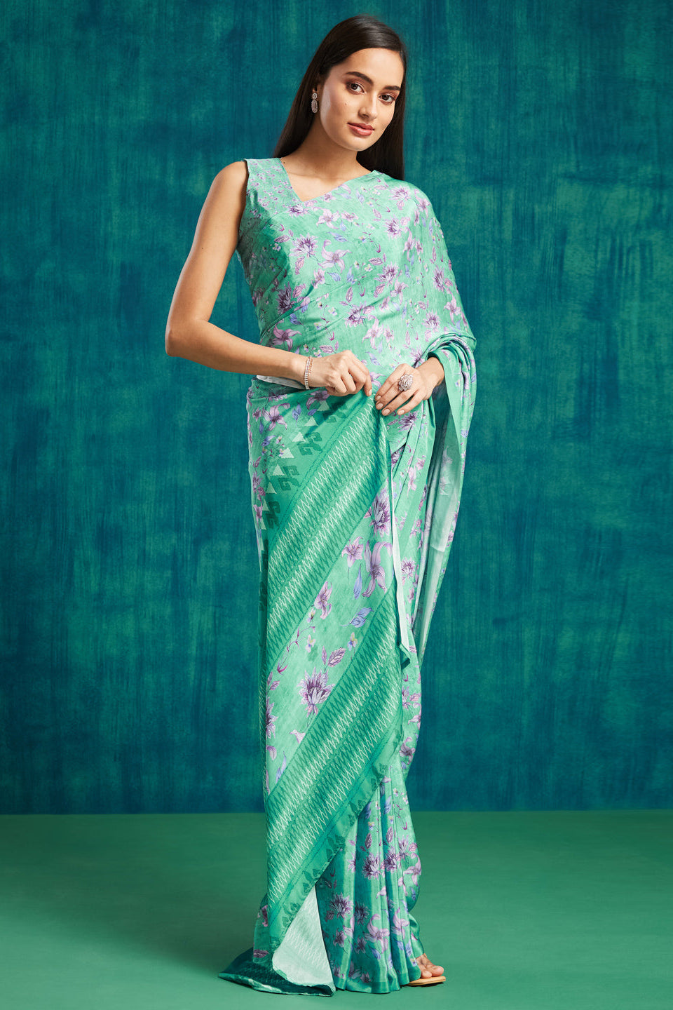 Digital Floral Printed Green Silk Crepe Saree