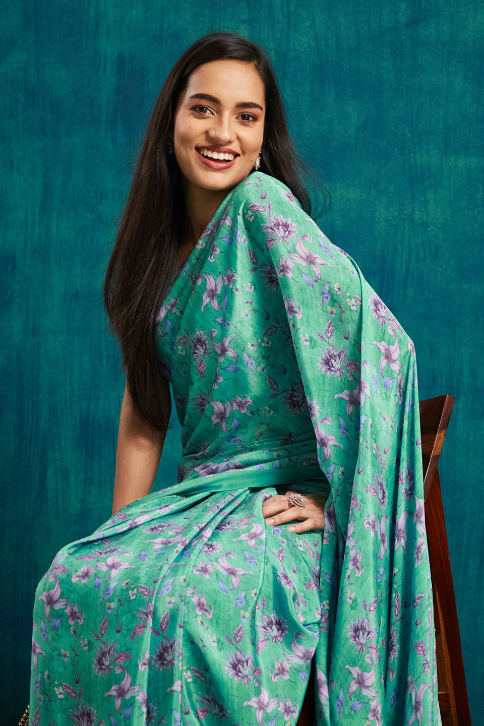 Digital Floral Printed Green Silk Crepe Saree
