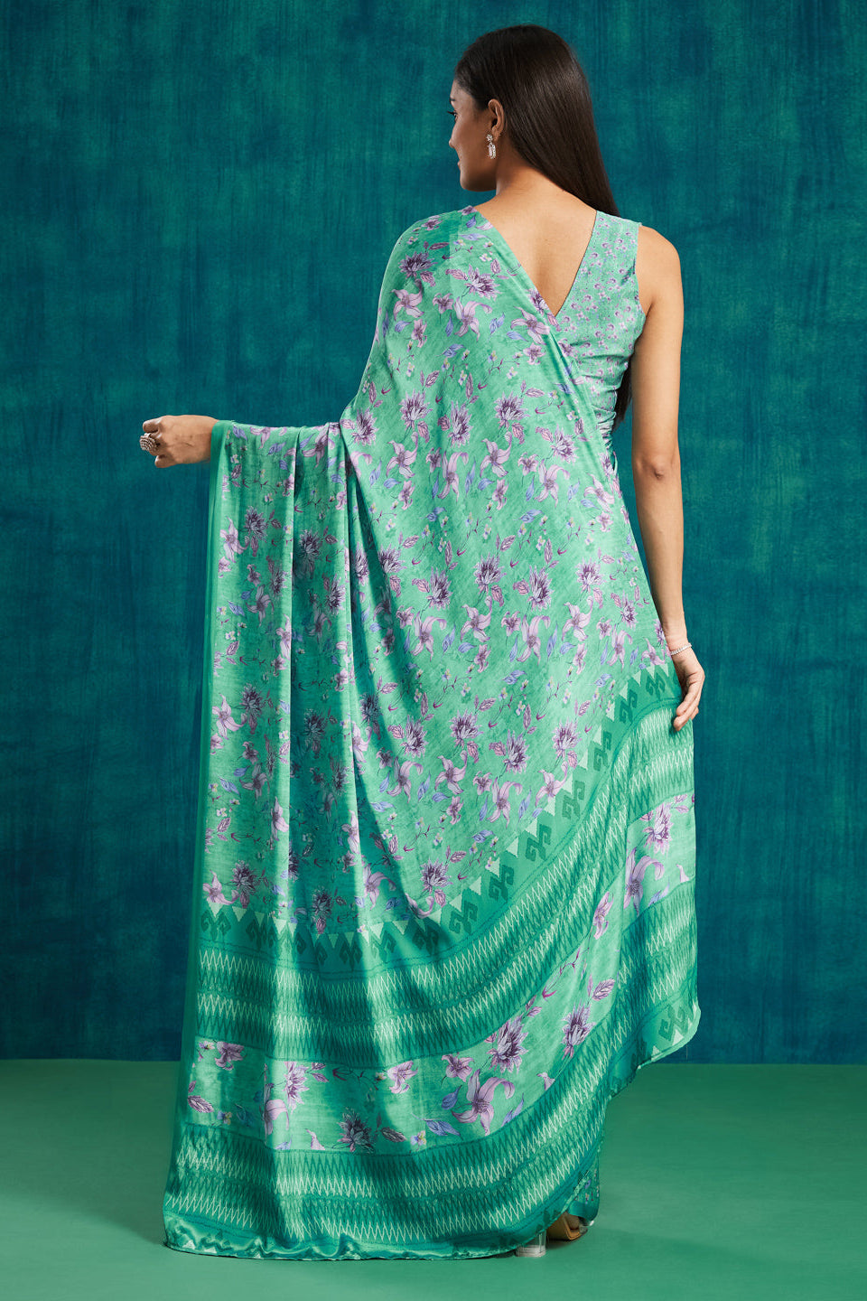 Digital Floral Printed Green Silk Crepe Saree