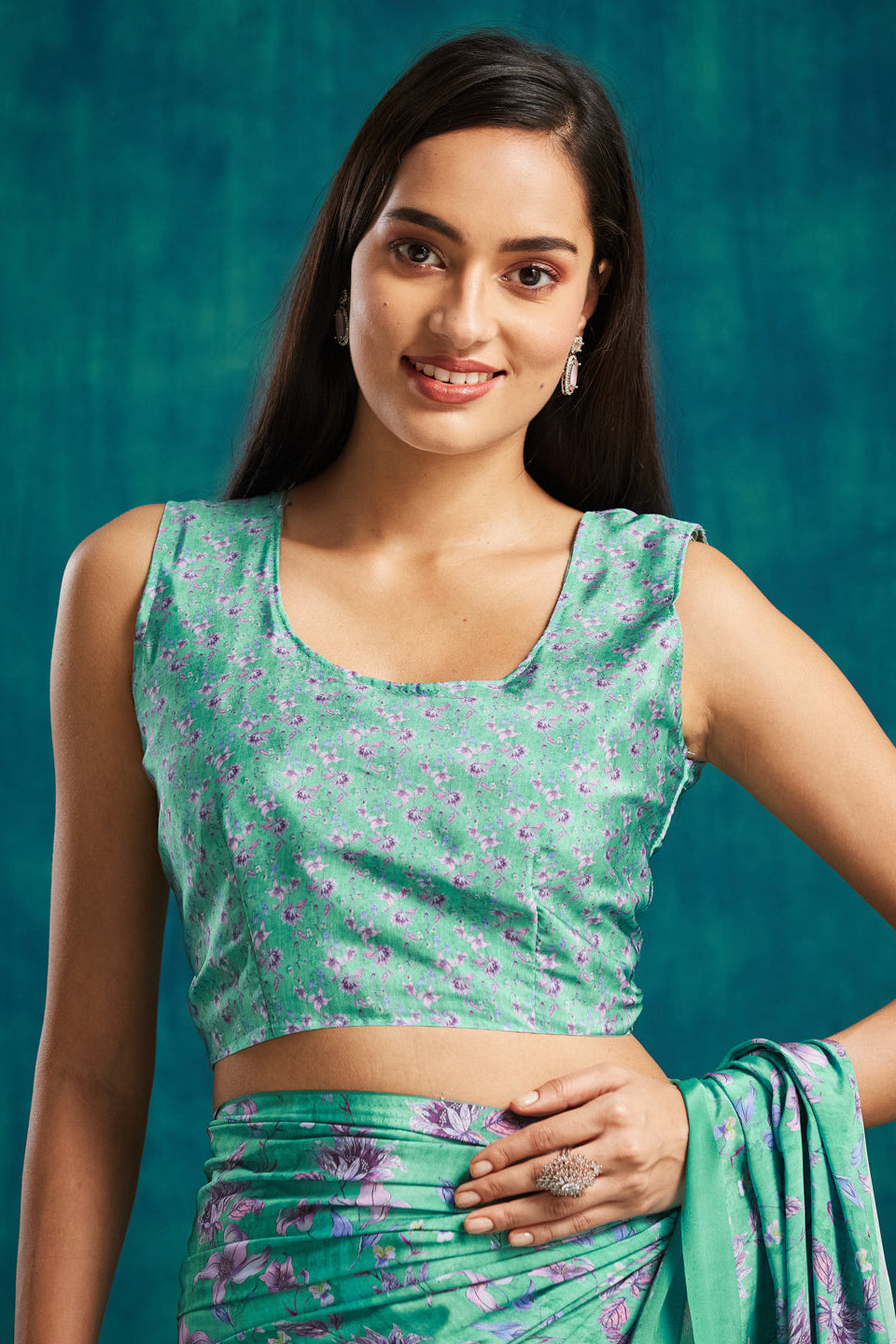 Digital Floral Printed Green Silk Crepe Saree