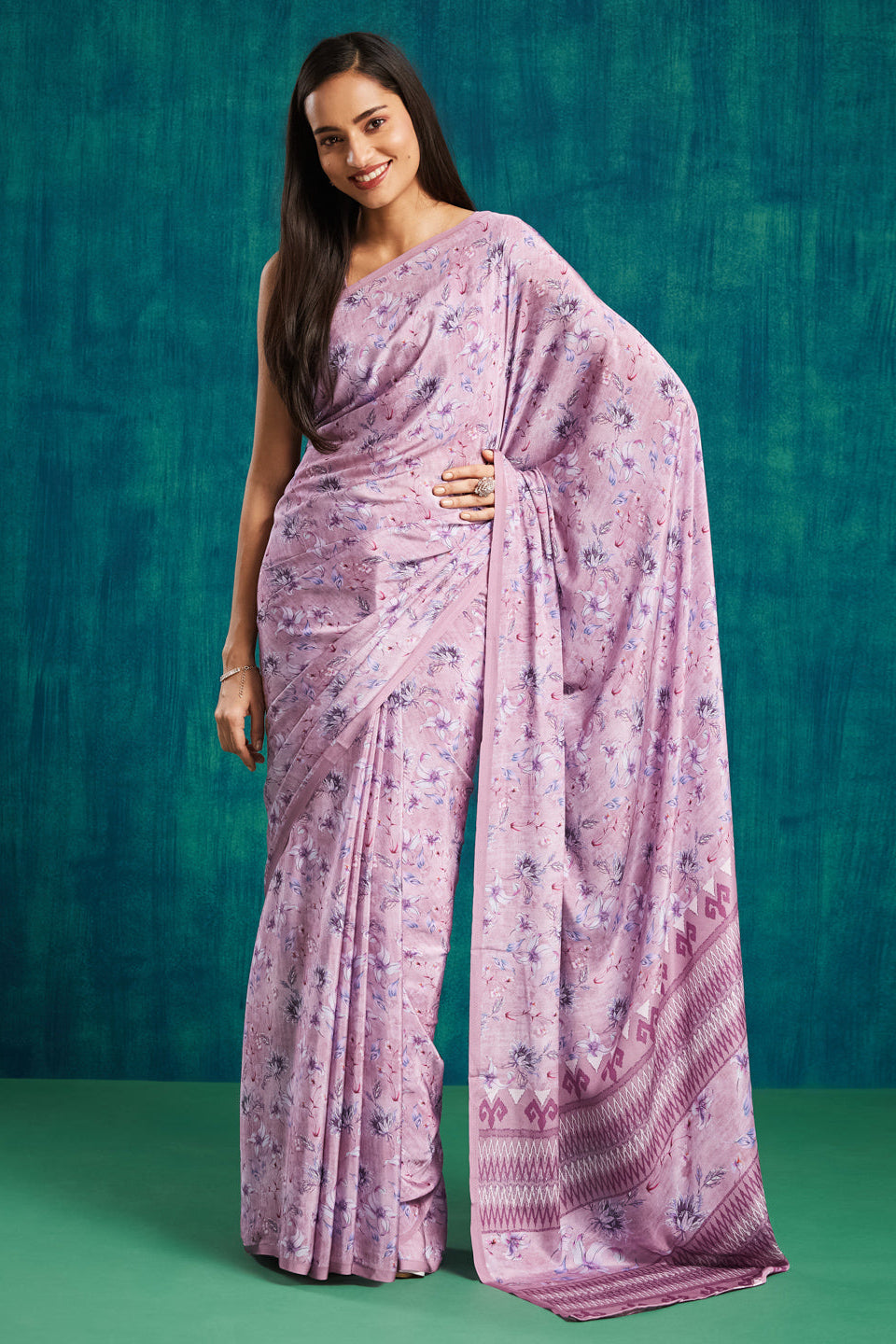 Digital Floral Printed Purple Silk Crepe Saree