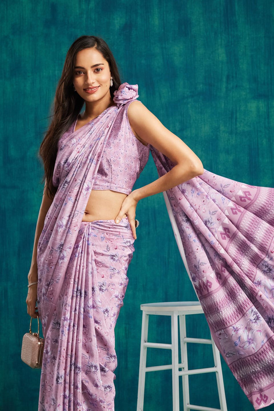Digital Floral Printed Purple Silk Crepe Saree
