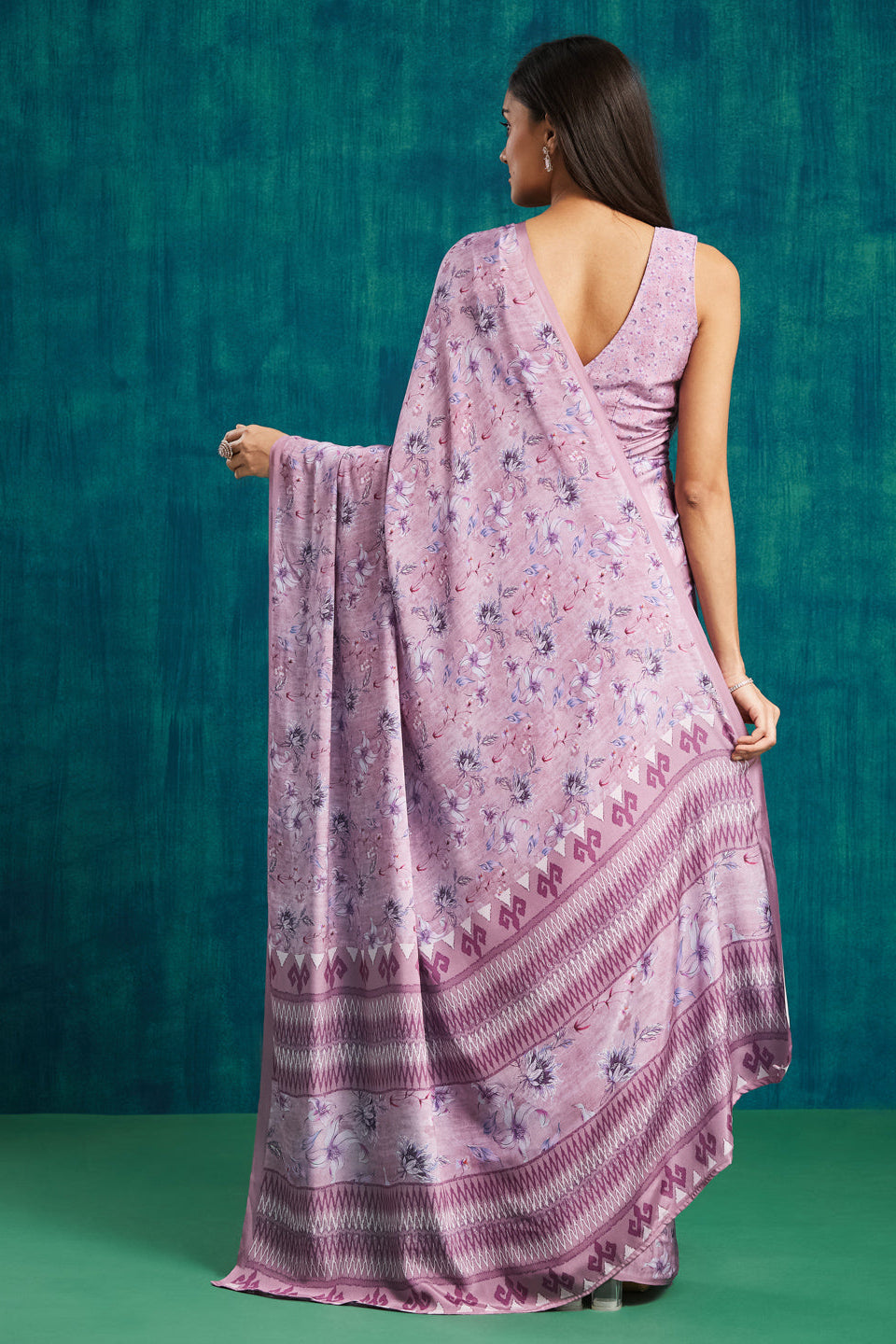 Digital Floral Printed Purple Silk Crepe Saree