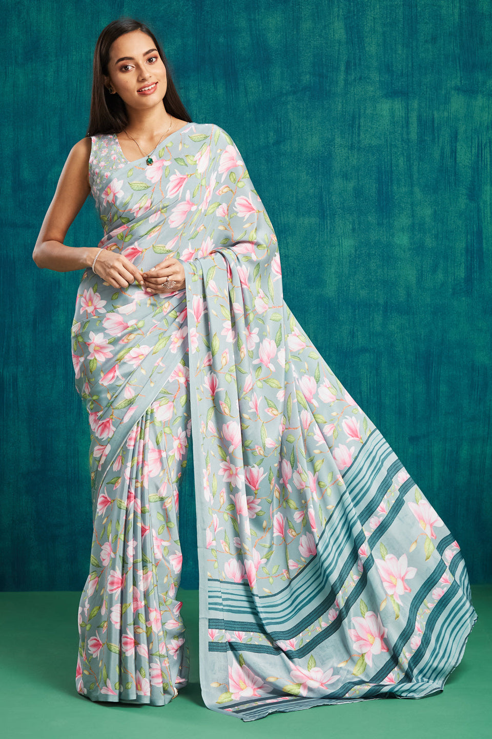 Digital Floral Printed Grey Silk Crepe Saree