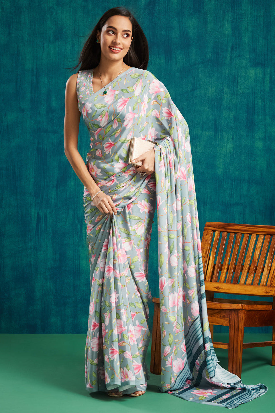 Digital Floral Printed Grey Silk Crepe Saree