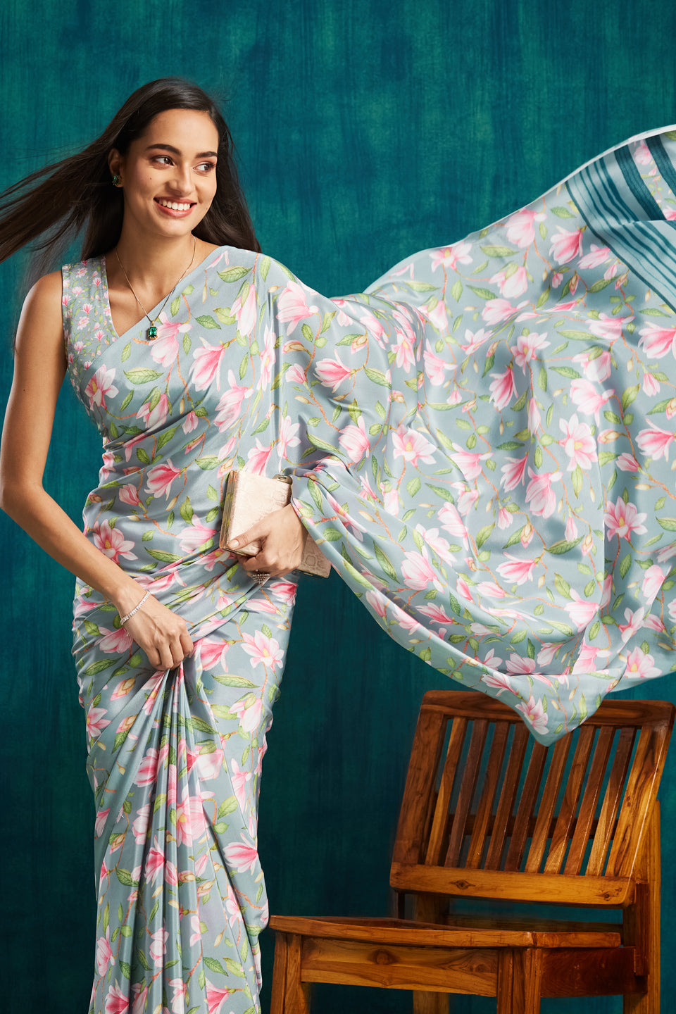 Digital Floral Printed Grey Silk Crepe Saree