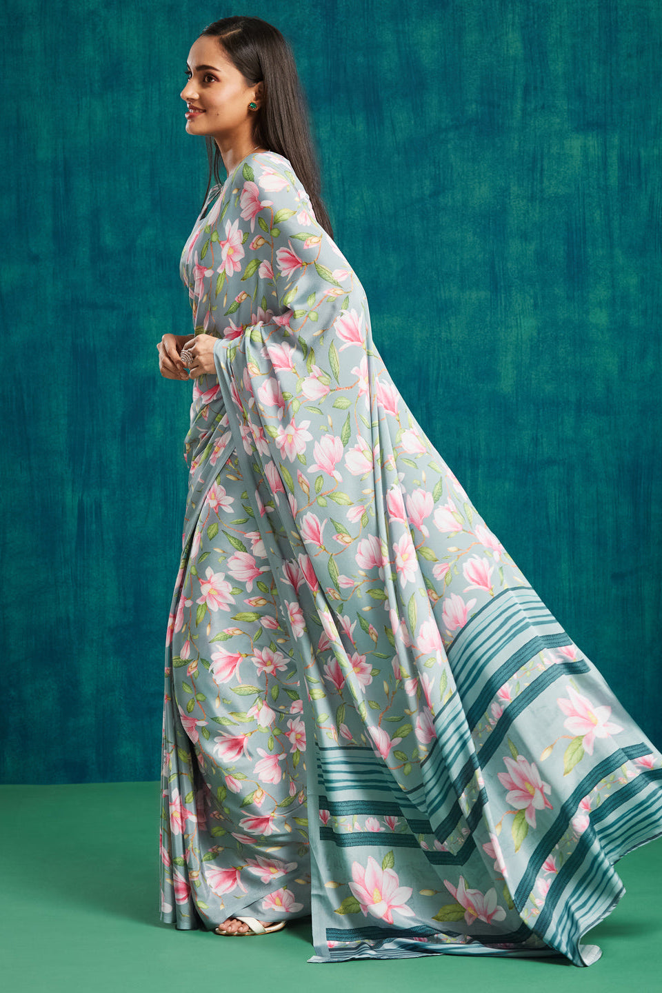 Digital Floral Printed Grey Silk Crepe Saree