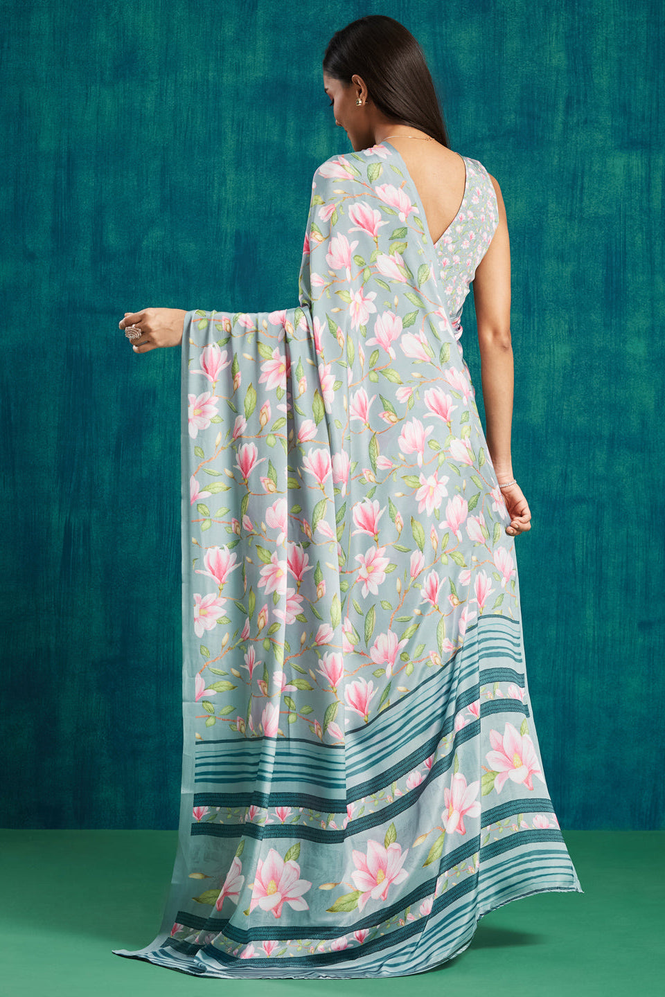 Digital Floral Printed Grey Silk Crepe Saree