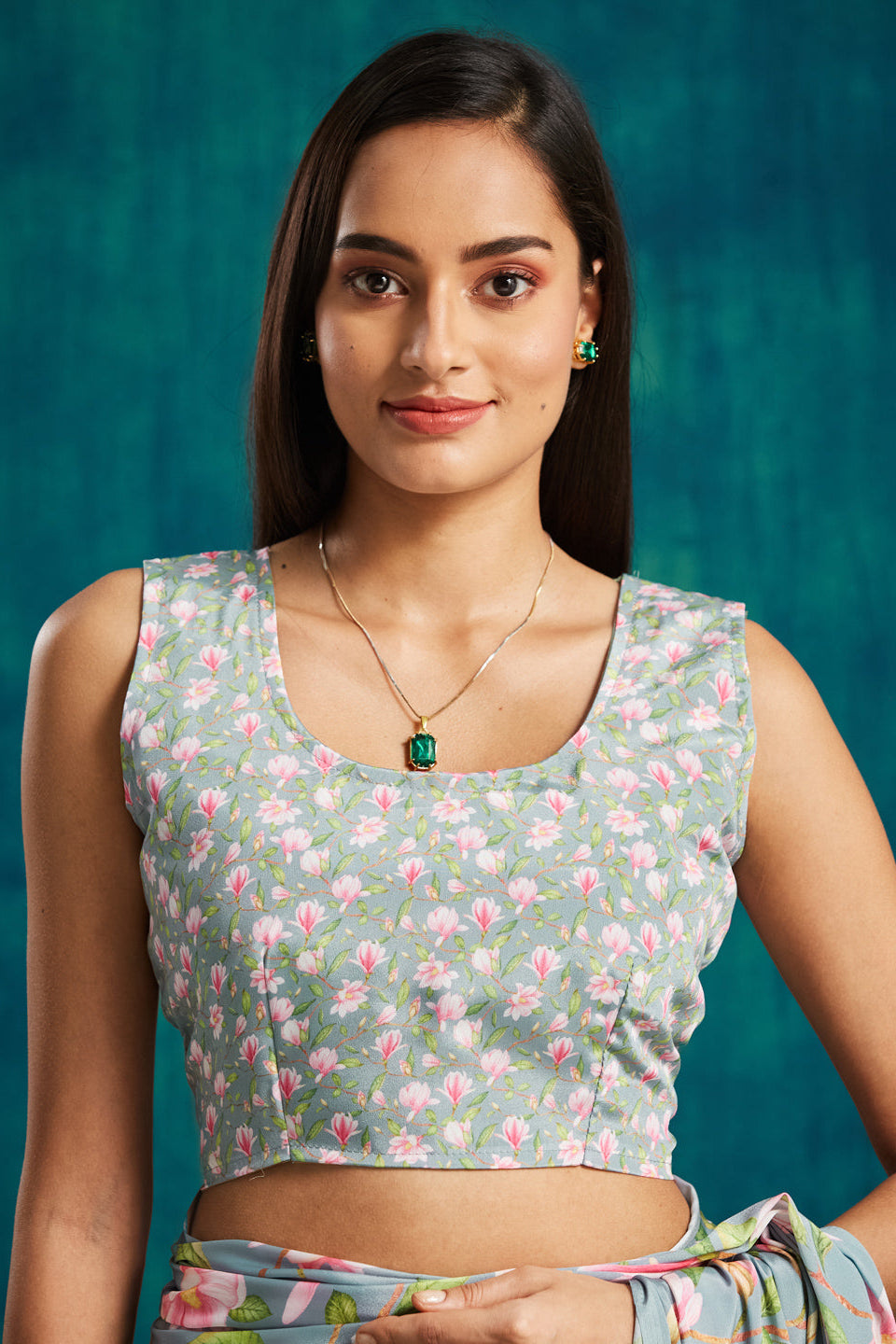 Digital Floral Printed Grey Silk Crepe Saree