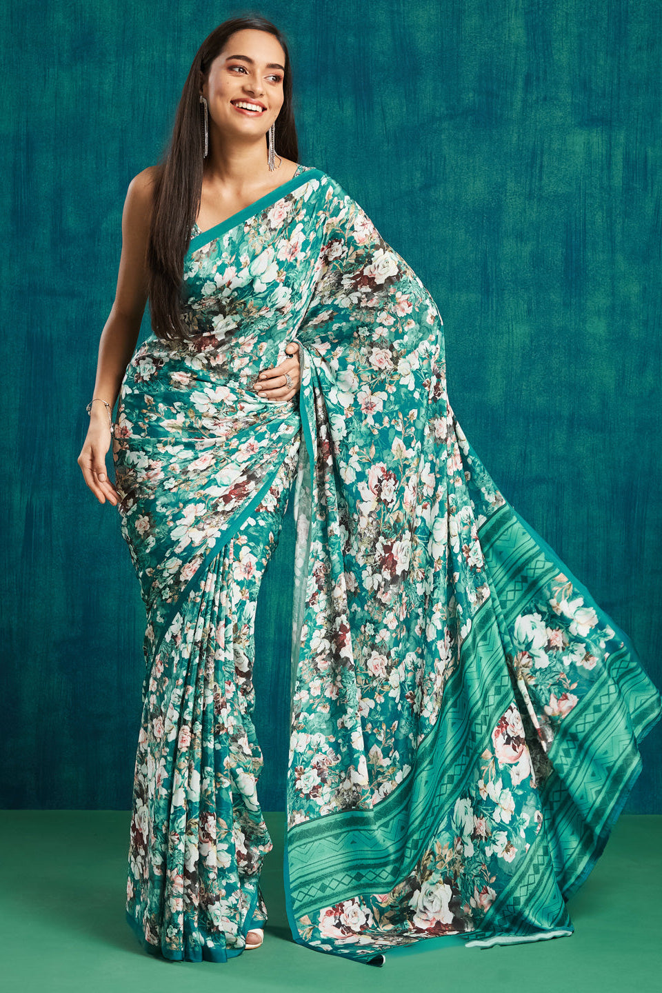 Digital Floral Printed Rama Silk Crepe Saree