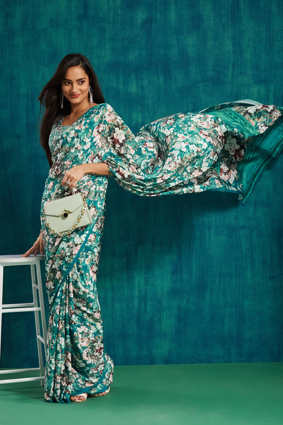 Digital Floral Printed Rama Silk Crepe Saree