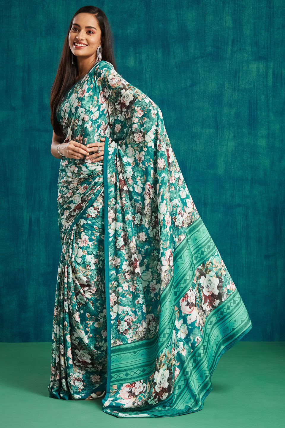 Digital Floral Printed Rama Silk Crepe Saree