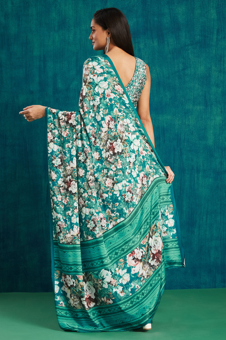Digital Floral Printed Rama Silk Crepe Saree