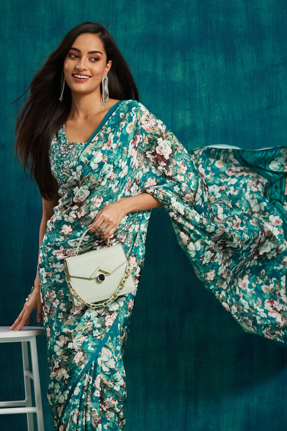 Digital Floral Printed Rama Silk Crepe Saree