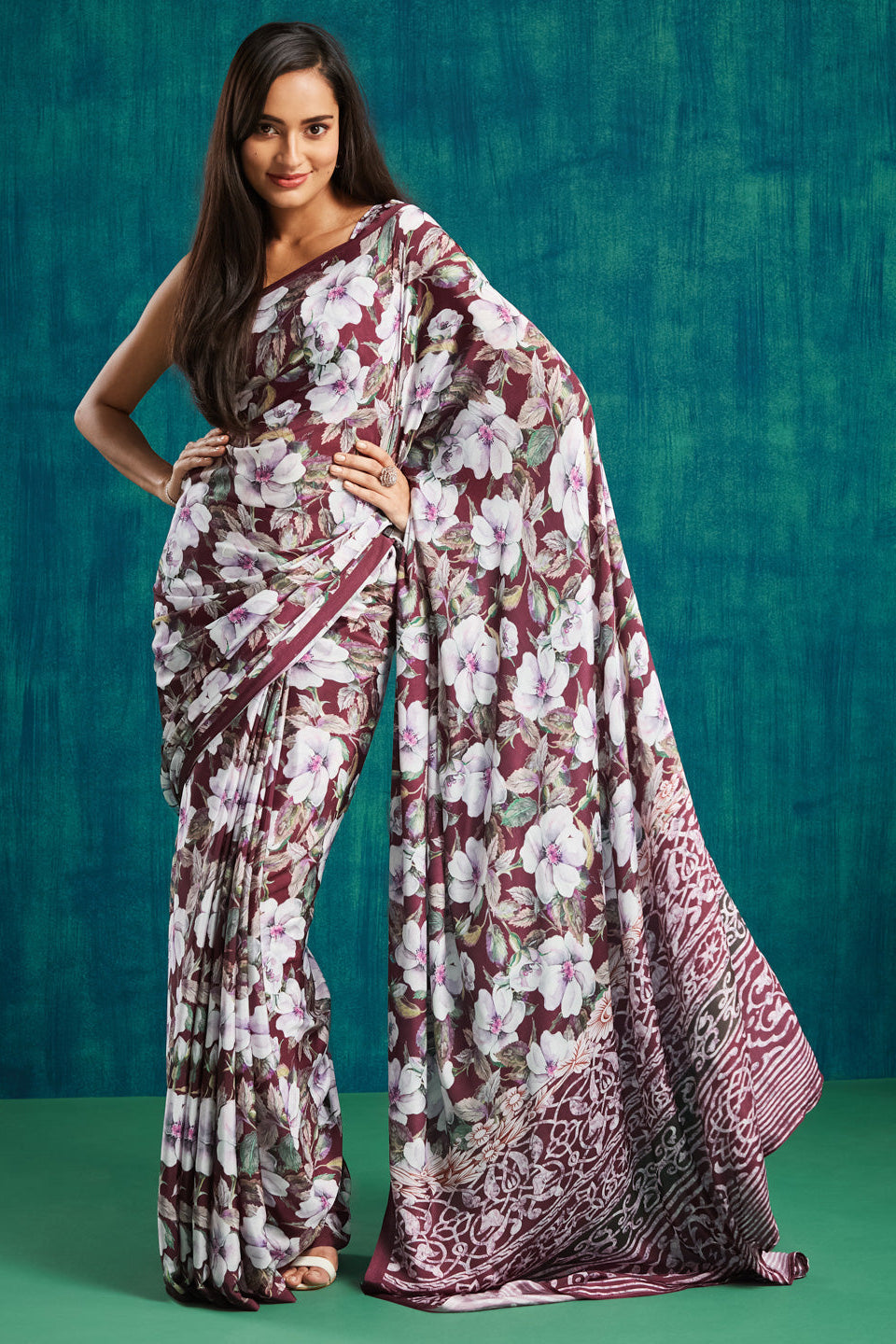 Digital Floral Printed Maroon Silk Crepe Saree