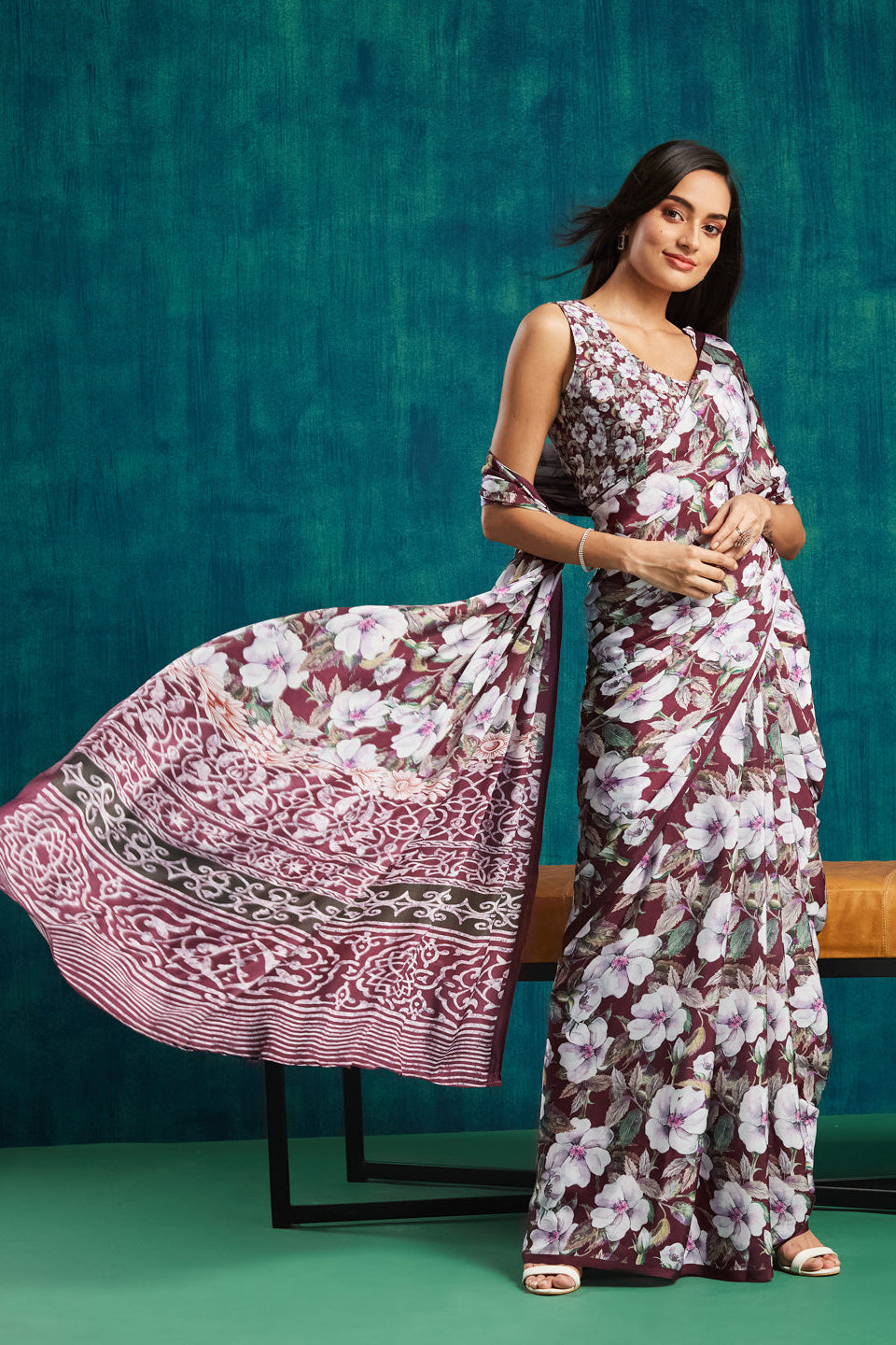 Digital Floral Printed Maroon Silk Crepe Saree