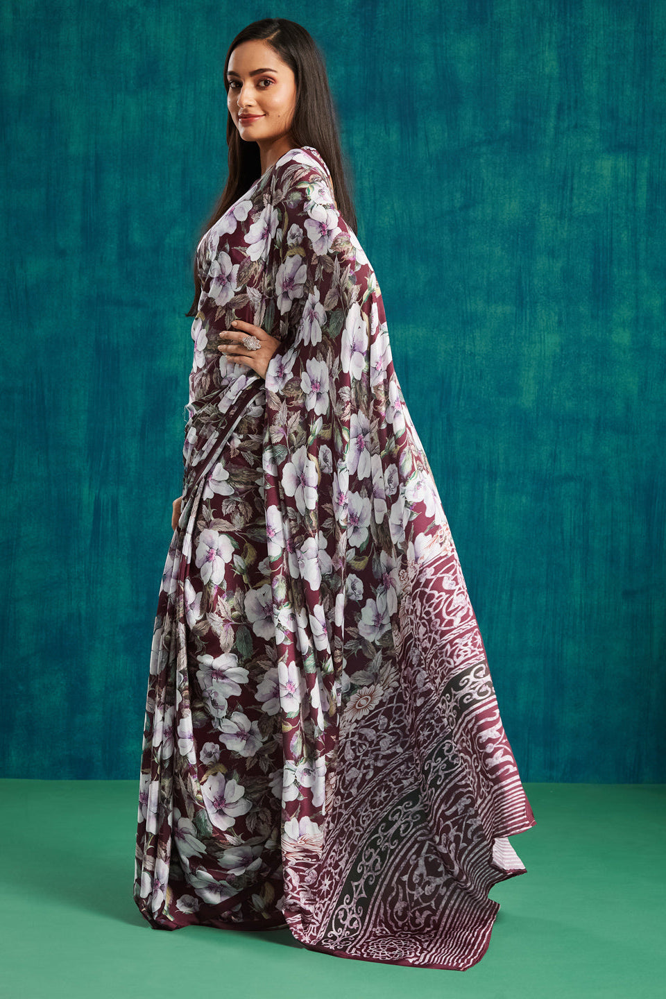 Digital Floral Printed Maroon Silk Crepe Saree