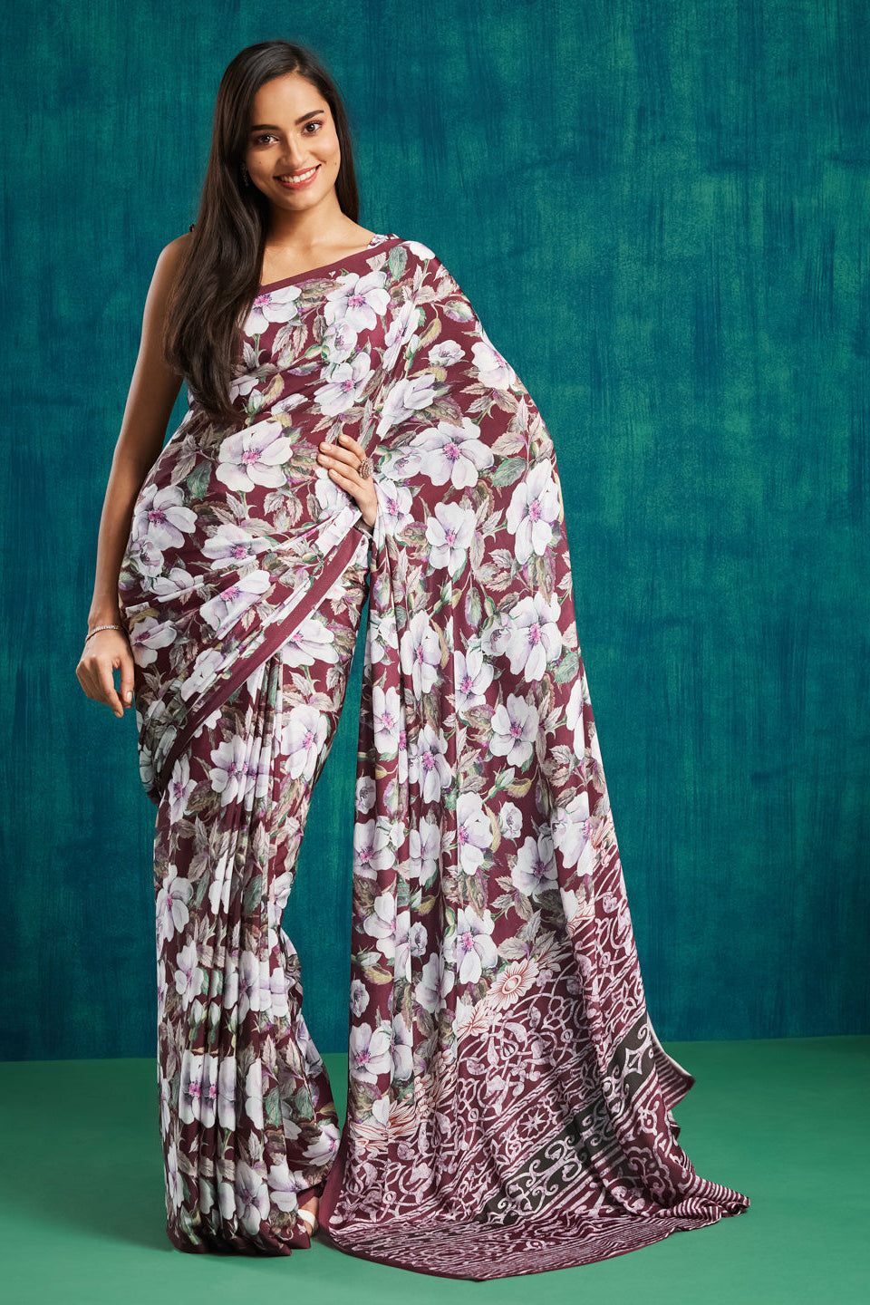 Digital Floral Printed Maroon Silk Crepe Saree