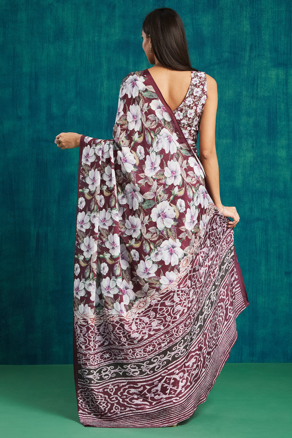 Digital Floral Printed Maroon Silk Crepe Saree