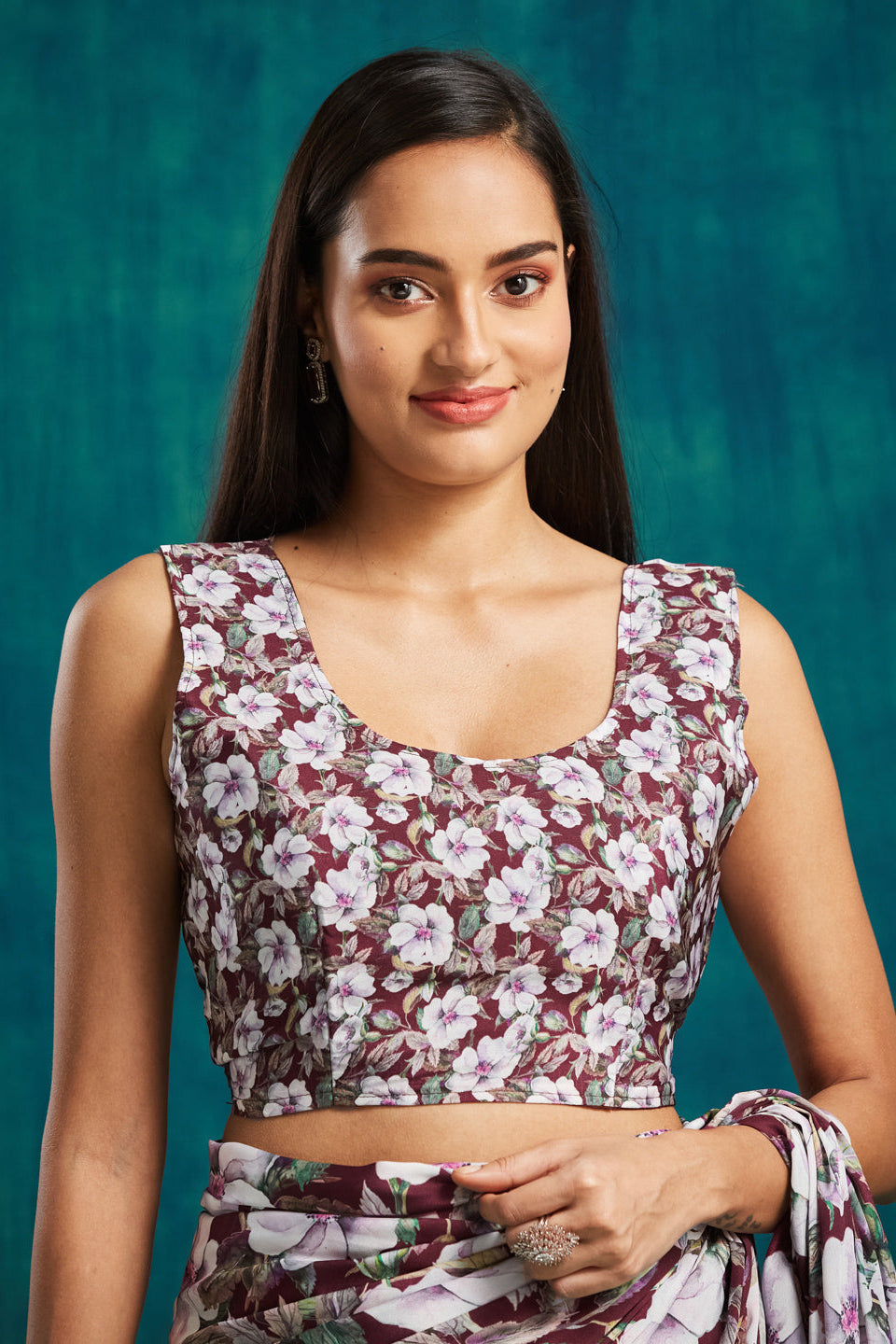 Digital Floral Printed Maroon Silk Crepe Saree