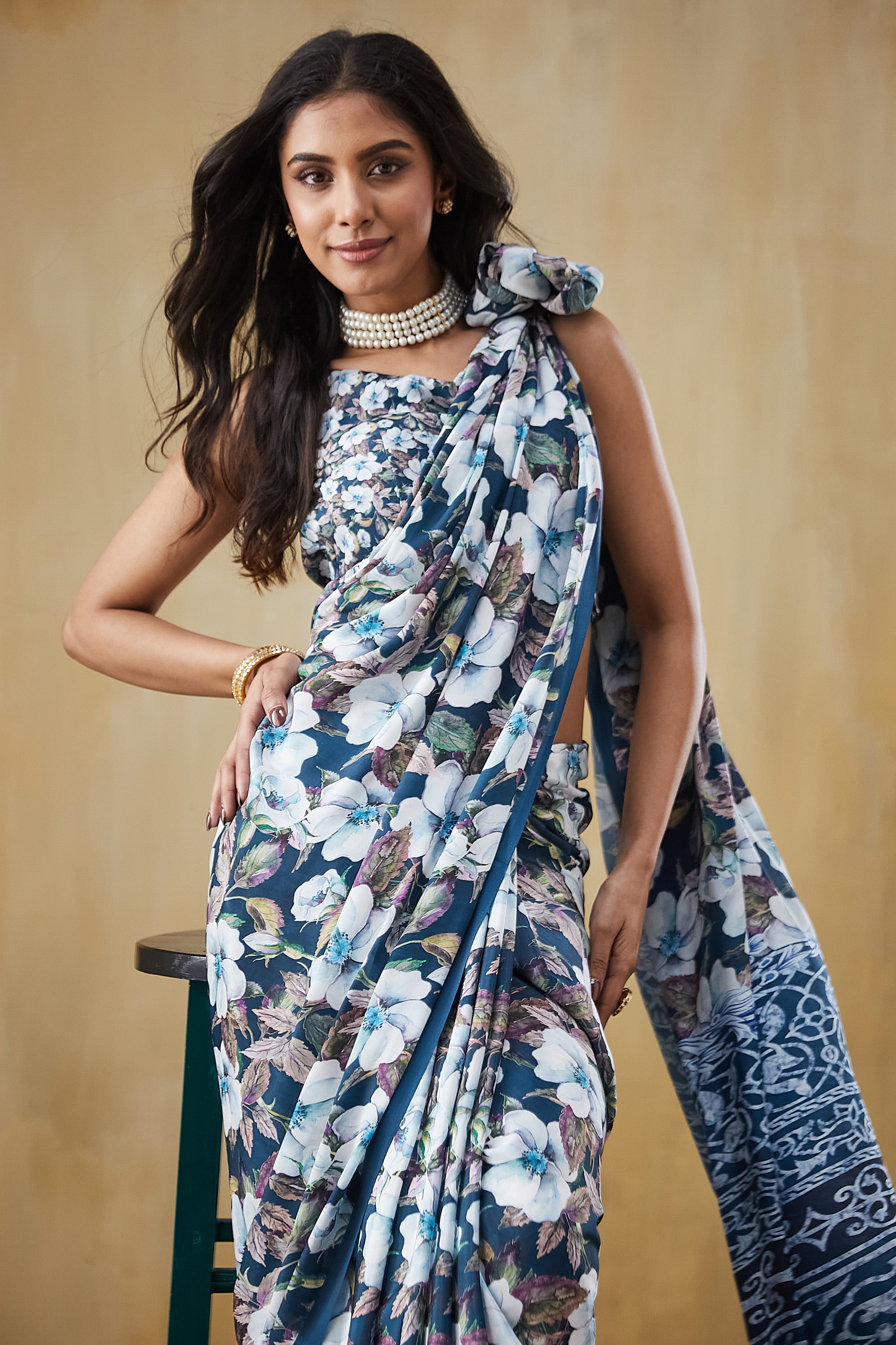 Digital Floral Printed Navy Silk Crepe Saree