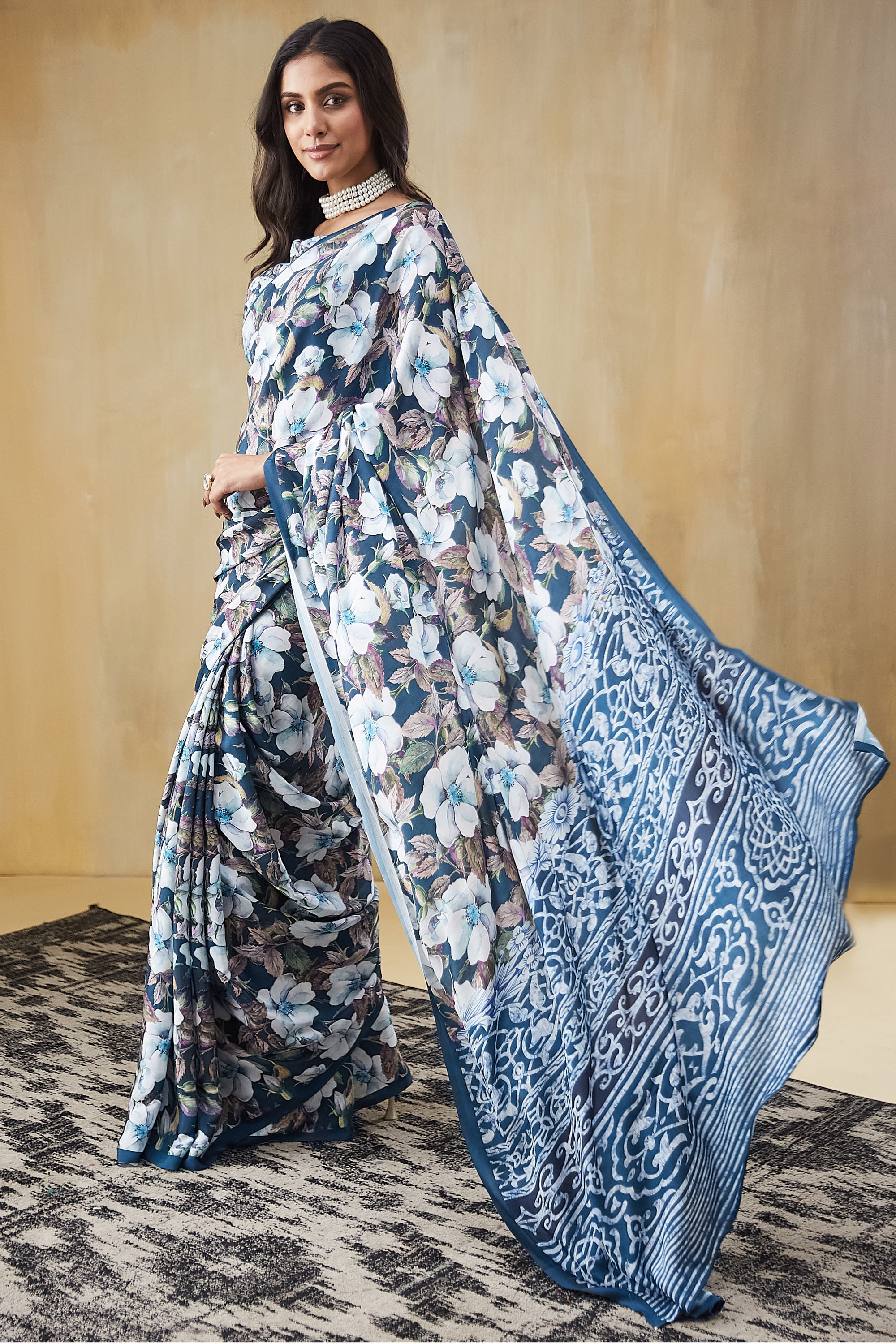 Digital Floral Printed Navy Silk Crepe Saree