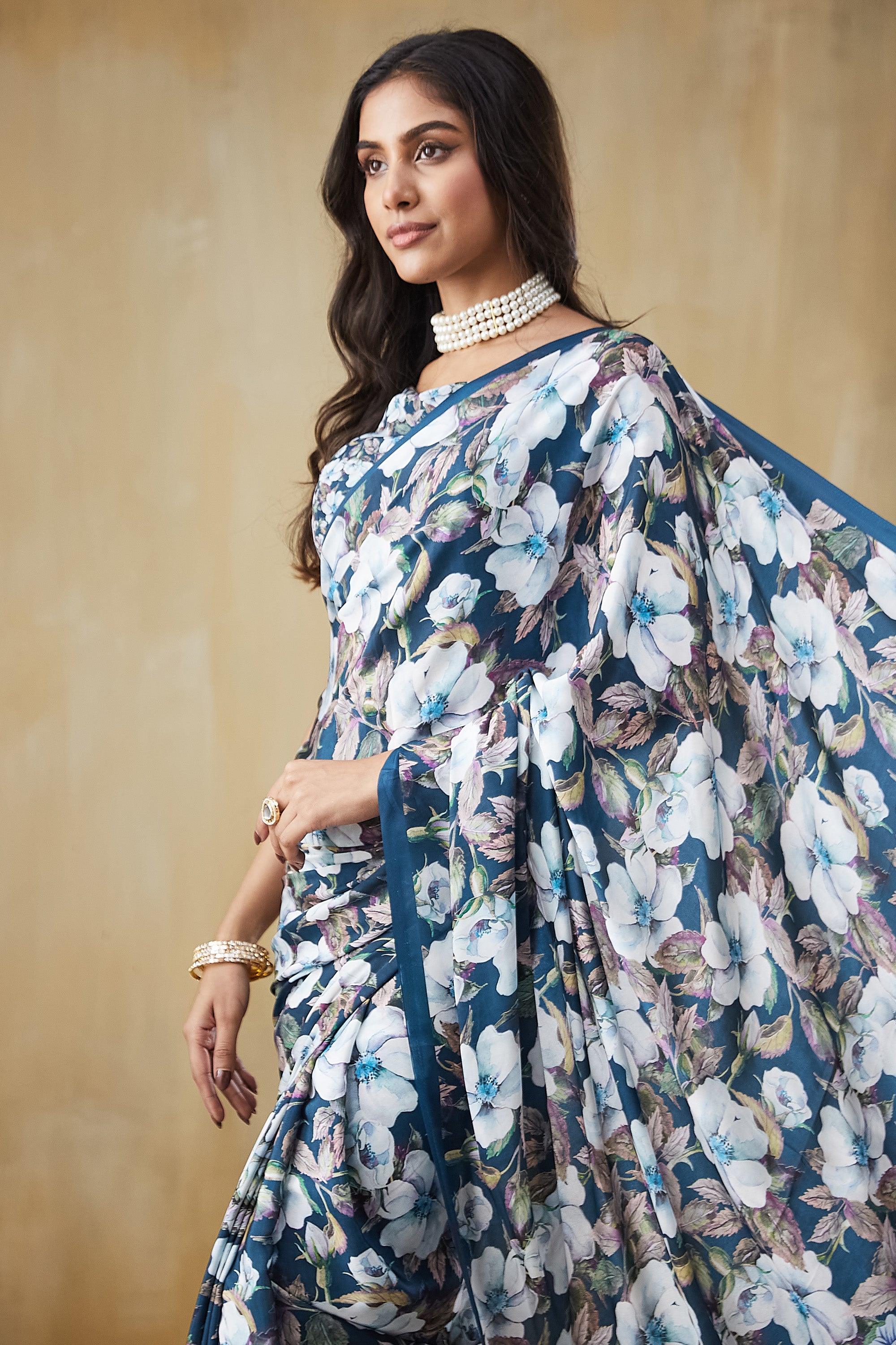 Digital Floral Printed Navy Silk Crepe Saree